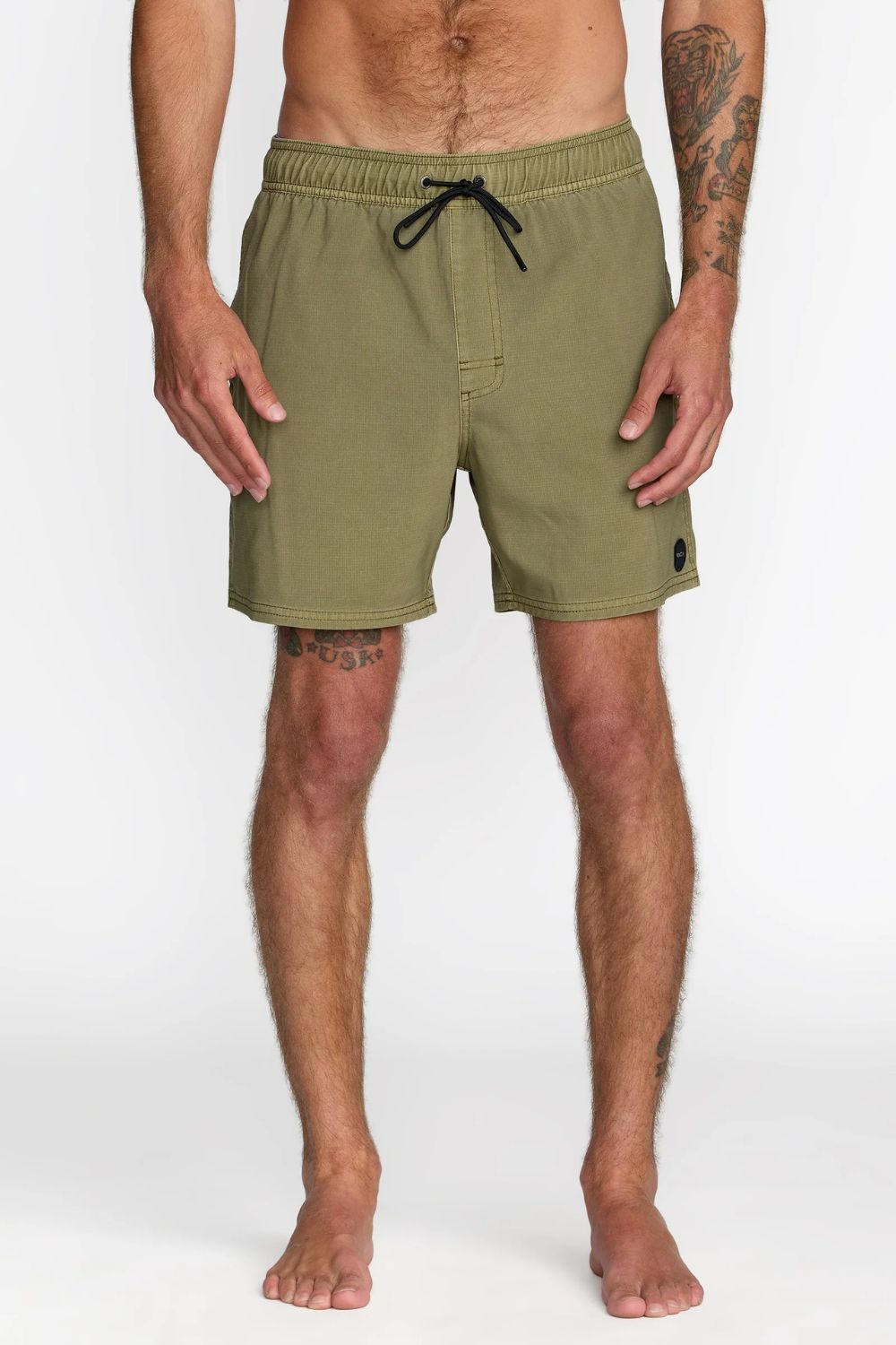 RVCA VA Pigment Elastic Short 16" in Martini Olive — men's pigment-dyed boardshort, sizes S–L | Pukas Surf Shop

