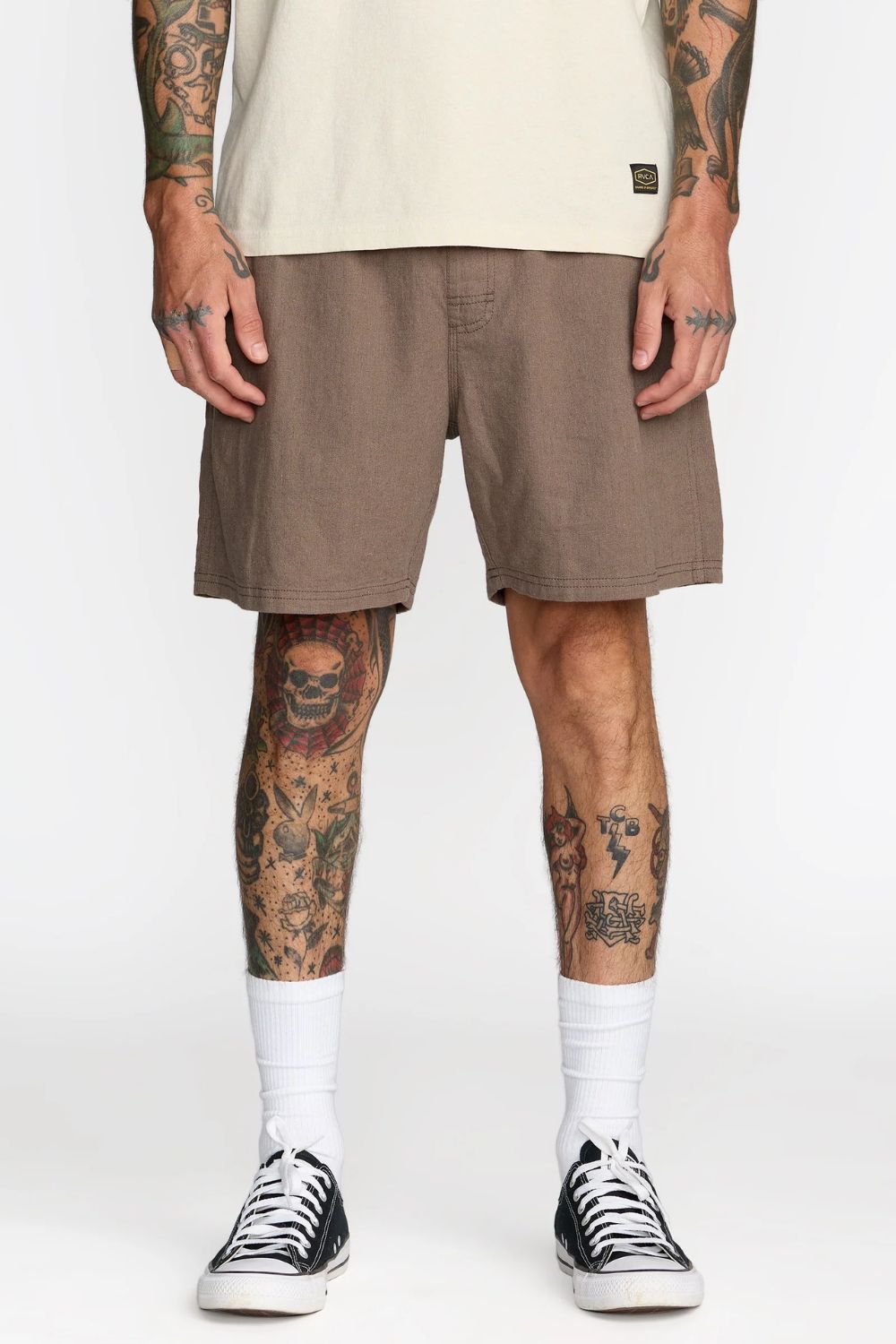 RVCA Sands Elastic 17 Short – Men's mushroom brown boardshort, elastic waist, surf lifestyle – Pukas Surf Shop
