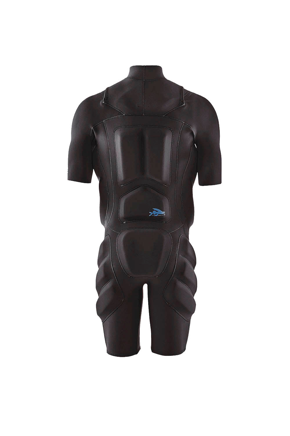A black short-sleeve full-body protective suit or wetsuit with molded impact-resistant panels, shown from the back on a white background.