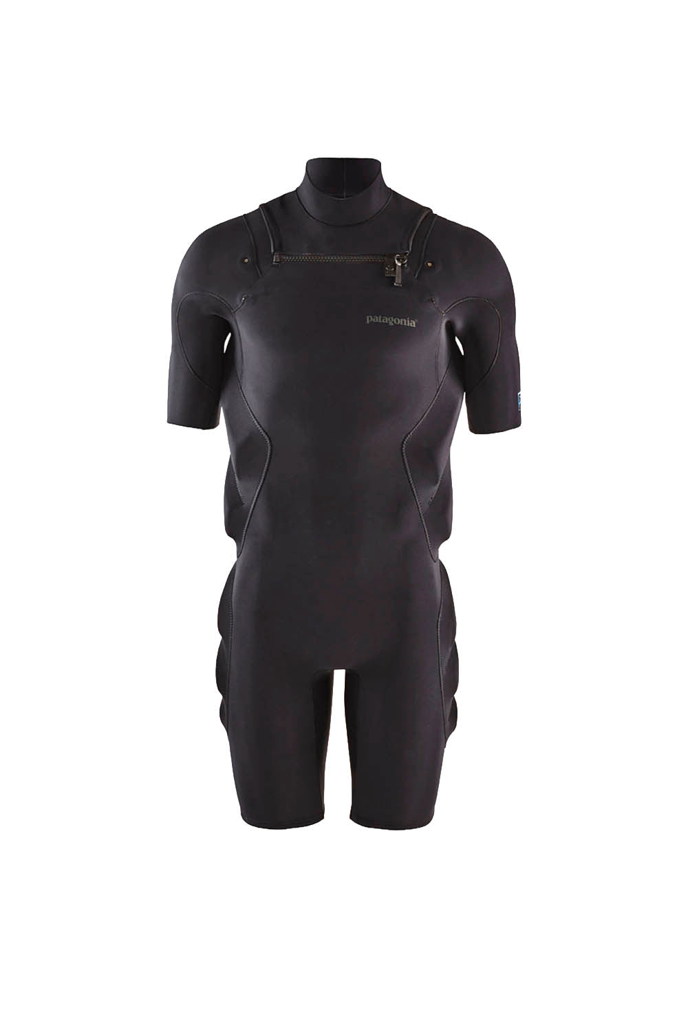 A black short-sleeve full-body wetsuit with a high collar and front zipper, displayed on a white background.