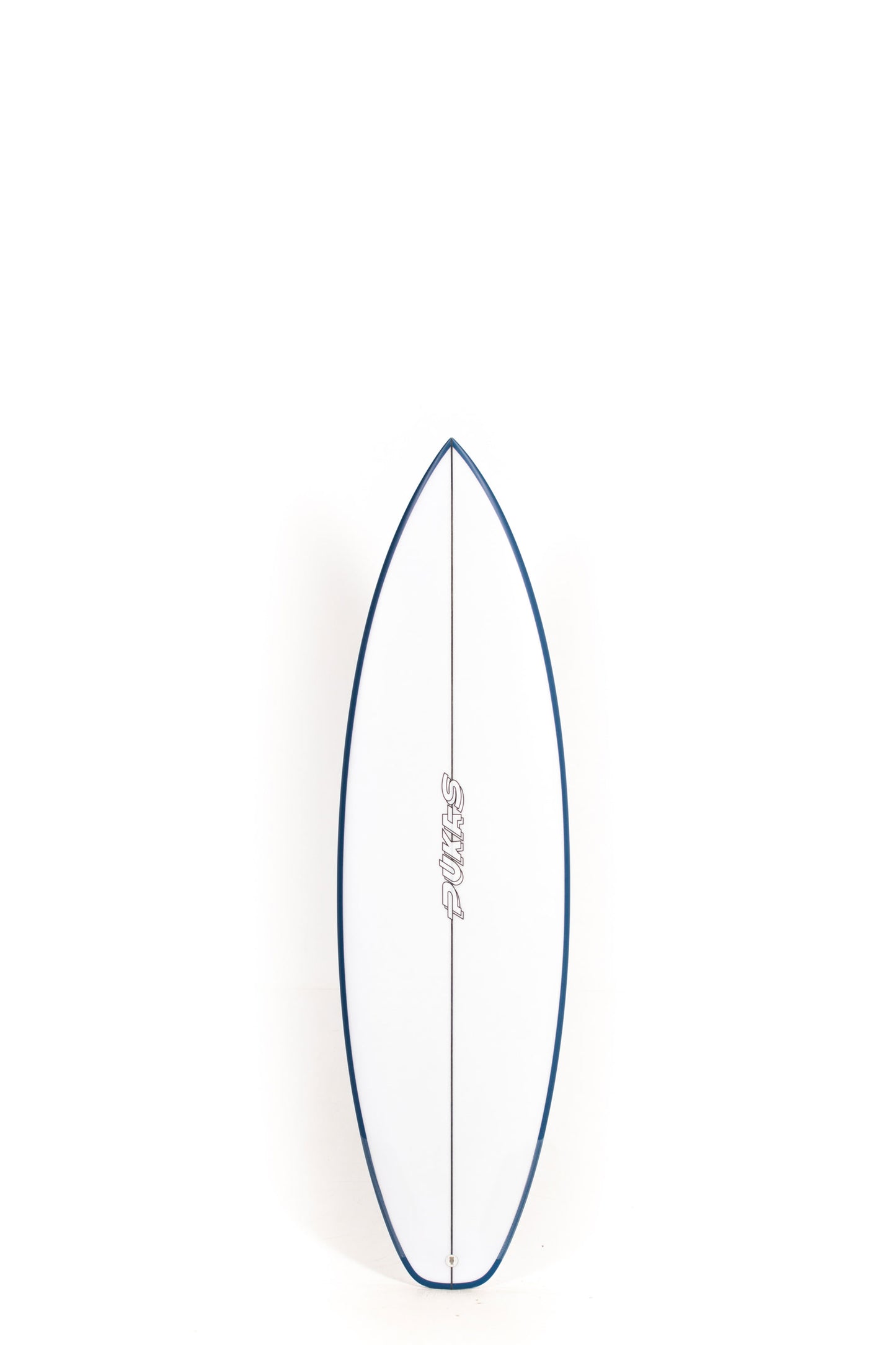 White Pukas Surfboard Beachy Mood size 5'10" with blue rails at Pukas Surf Shop