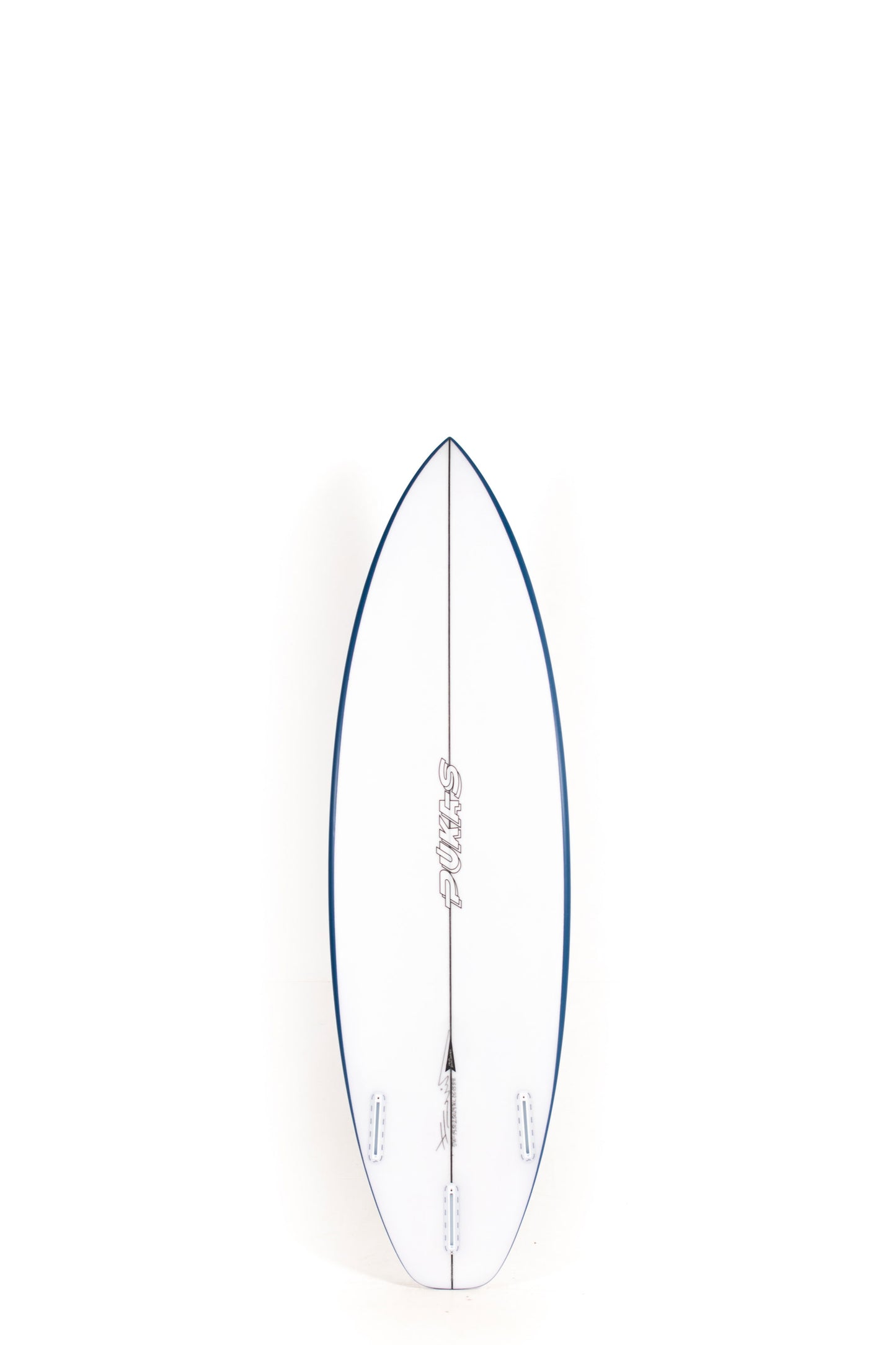 White Pukas Surfboard Beachy Mood size 5'10" with blue rails at Pukas Surf Shop - 2