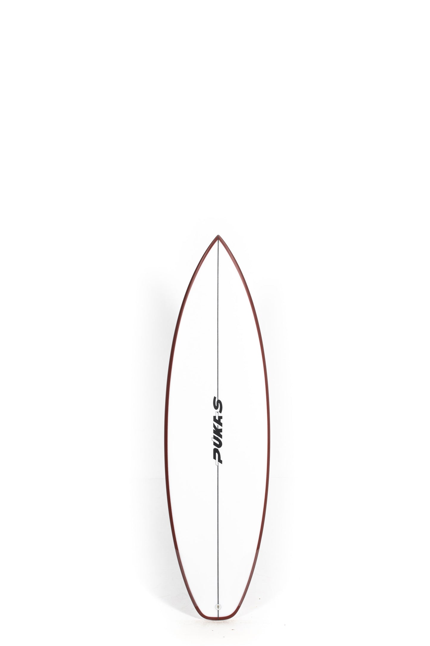 White Pukas Surfboard Beachy Mood size 5'7" with red rails at Pukas Surf Shop