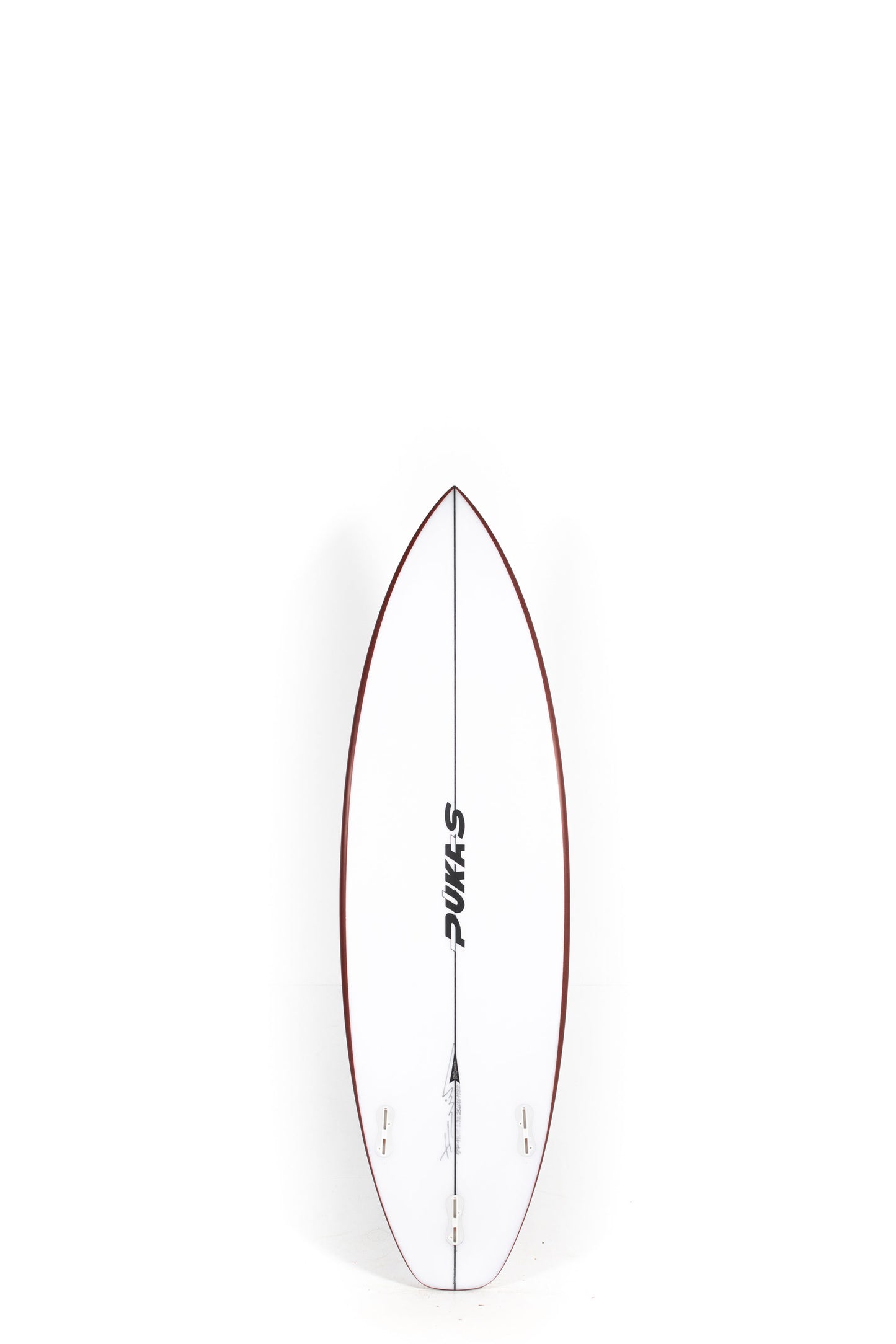 White Pukas Surfboard Beachy Mood size 5'7" with red rails at Pukas Surf Shop - 2