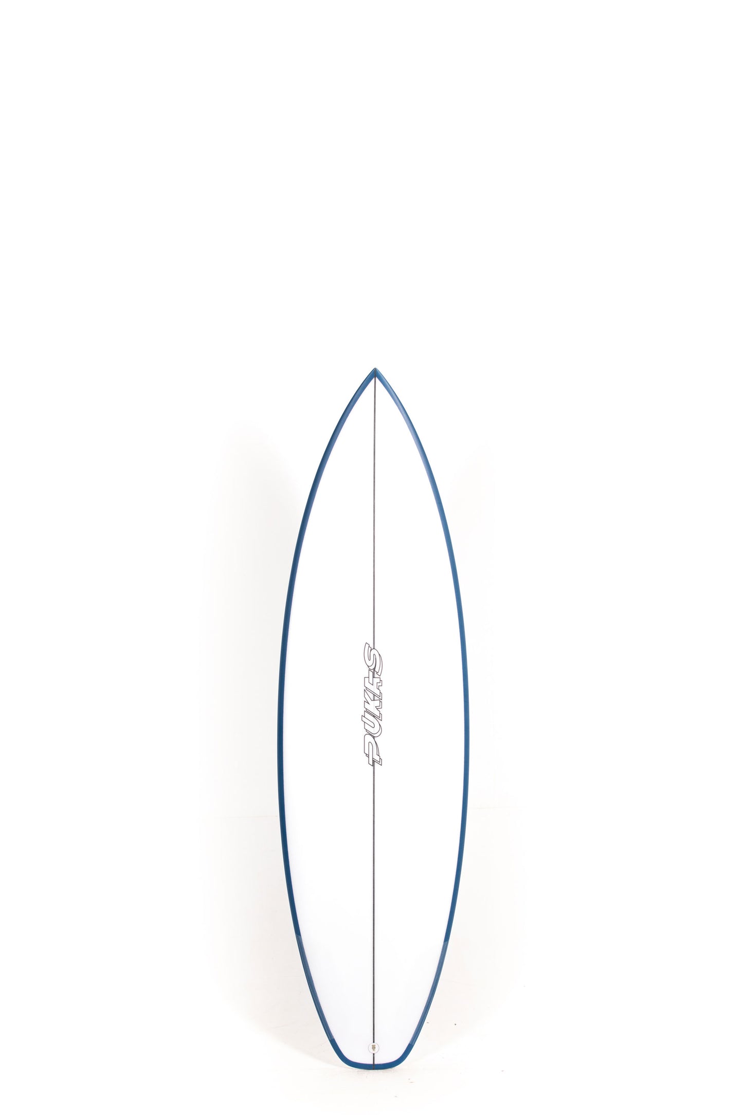 White Pukas Surfboard Beachy Mood size 5'9" with blue rails at Pukas Surf Shop