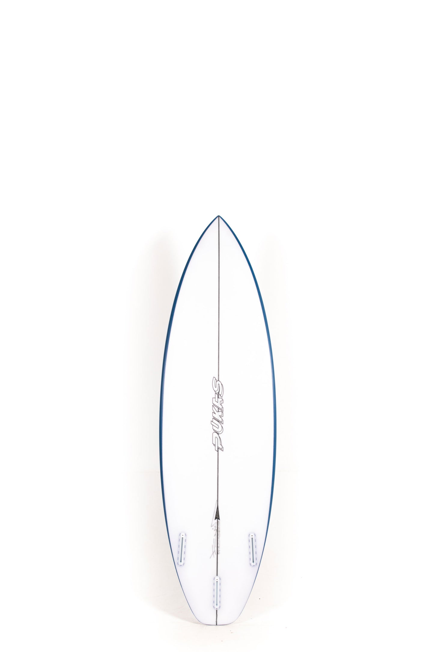 White Pukas Surfboard Beachy Mood size 5'9" with blue rails at Pukas Surf Shop - 2
