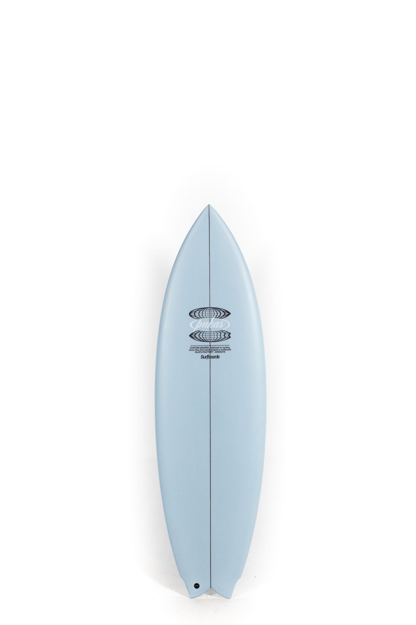 Grey Pukas Surfboard Mustache size 5'10" on a white background by Pukas Surf Shop