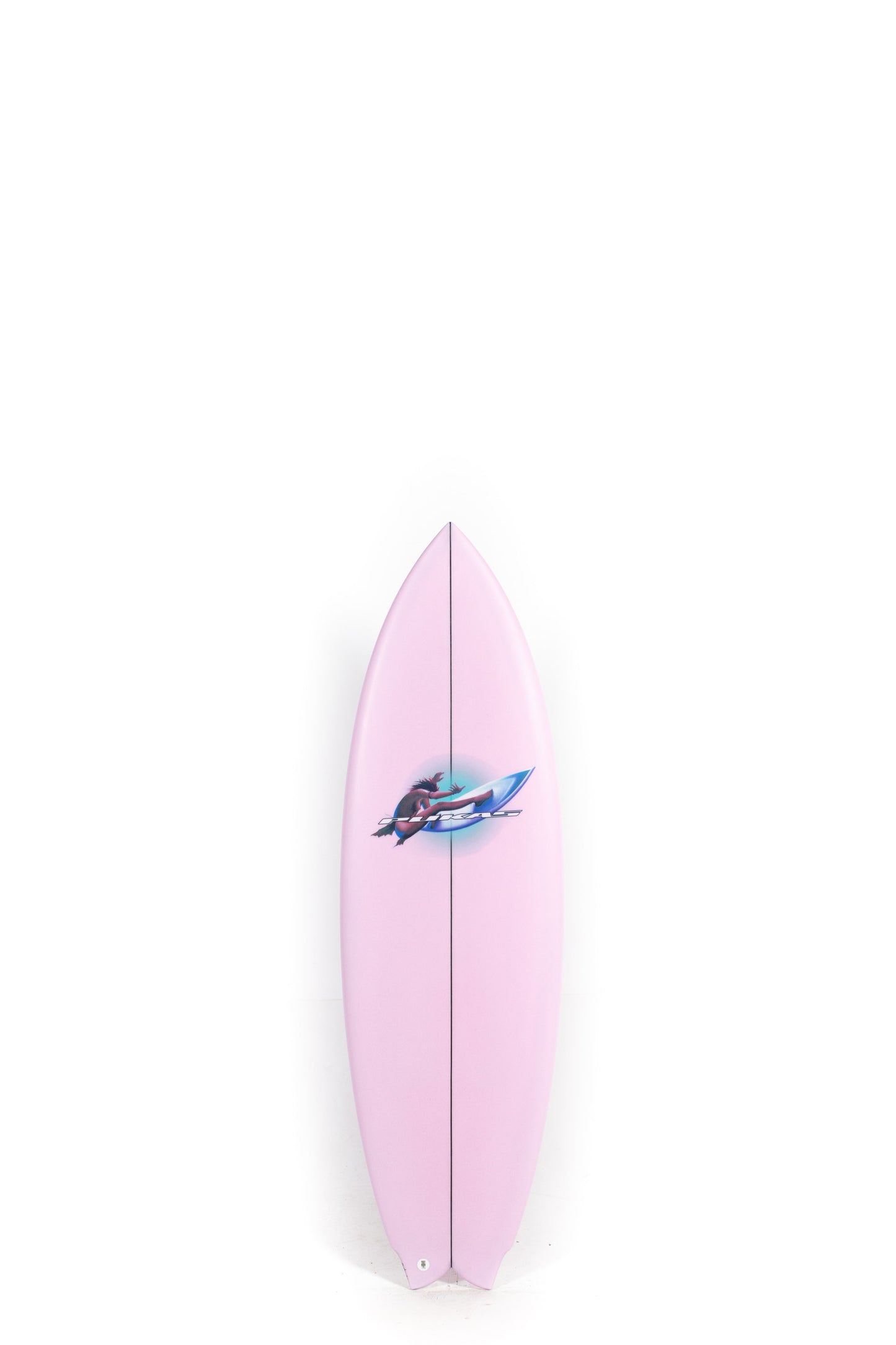 Pink Pukas Mustache surfboard with a logo on a white background by Pukas Surf Shop