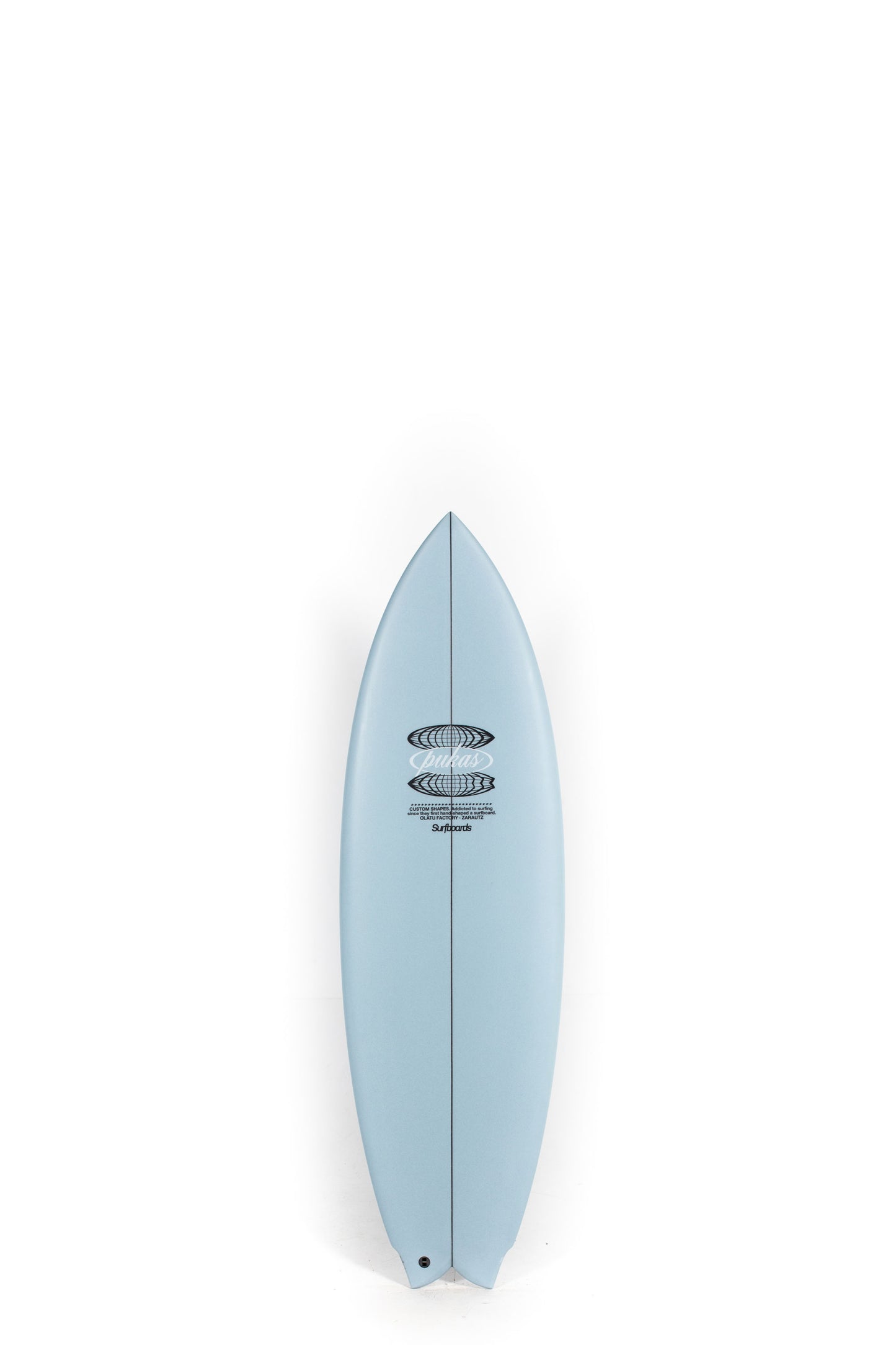 Light blue mustache surfboard size 5'6" with a logo on a white background by Pukas surf shop