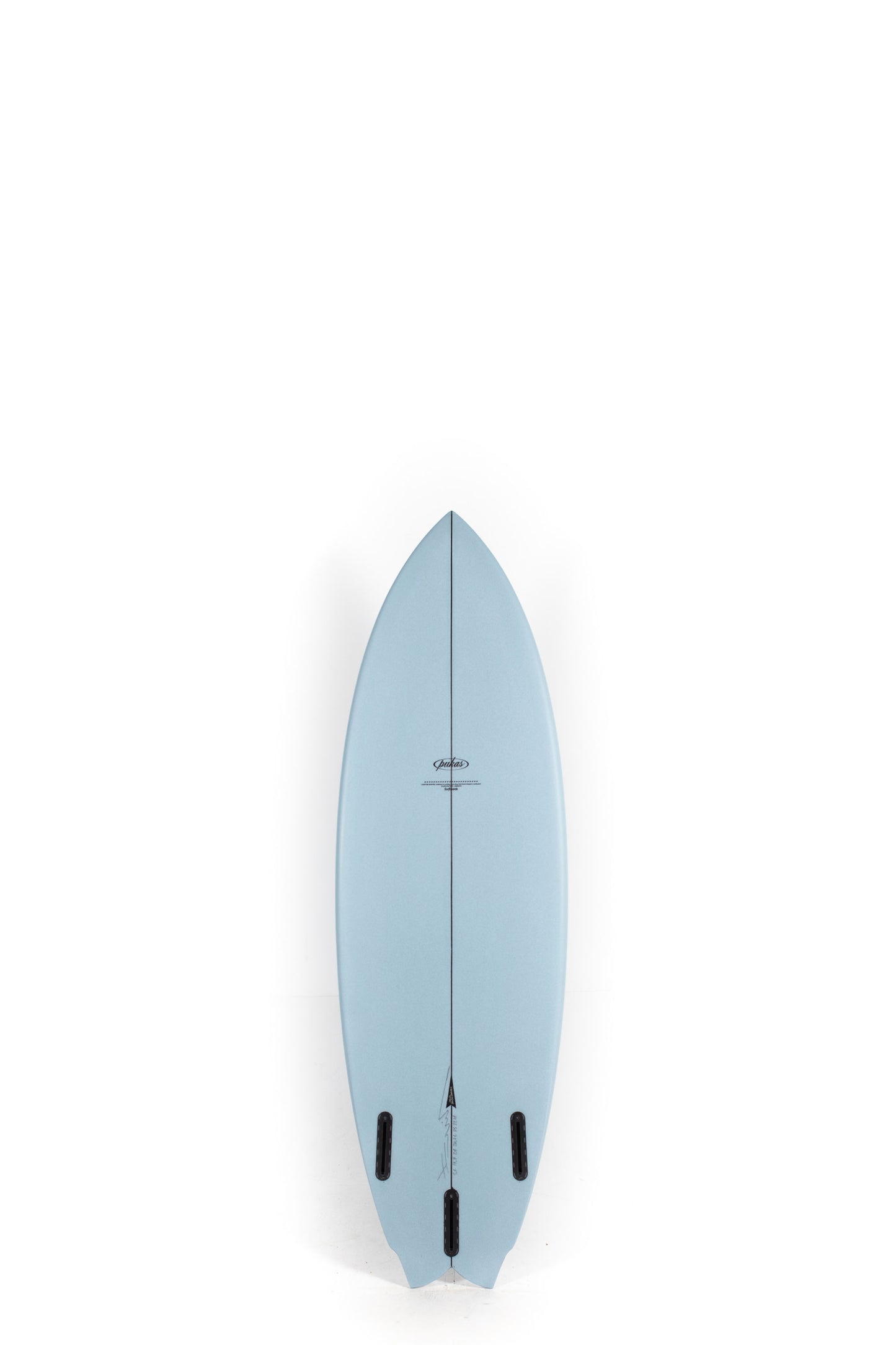 Light blue mustache surfboard size 5'6" with a logo on a white background by Pukas surf shop - 2