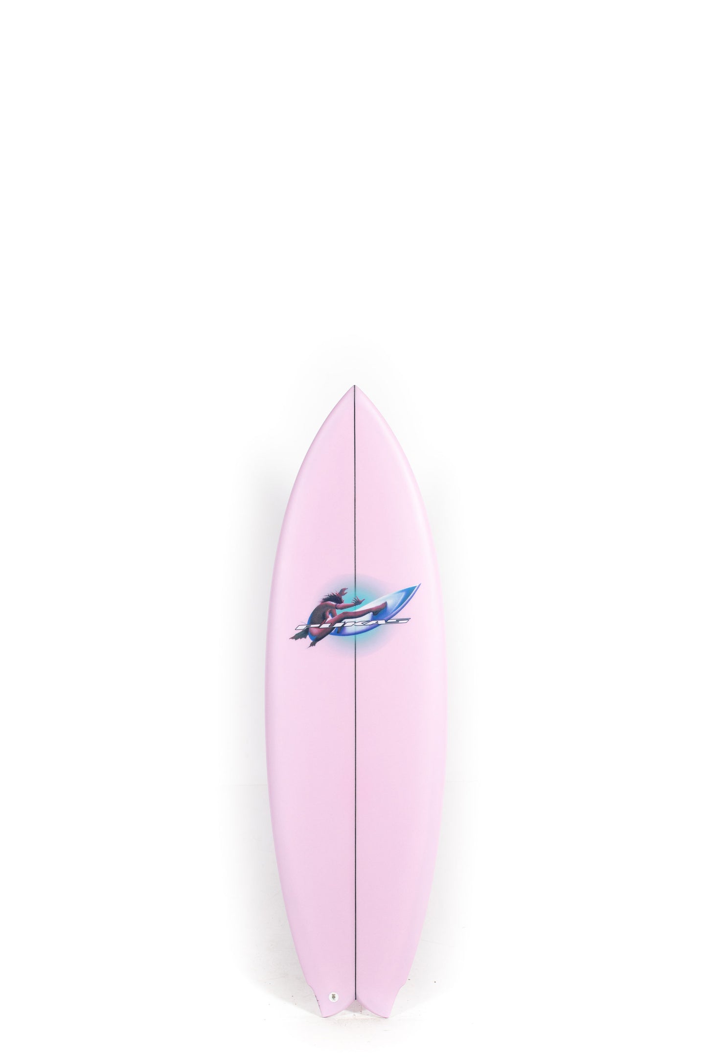 Pink Pukas Surfboard Mustache size 5'7" on a white background by Pukas Surf Shop