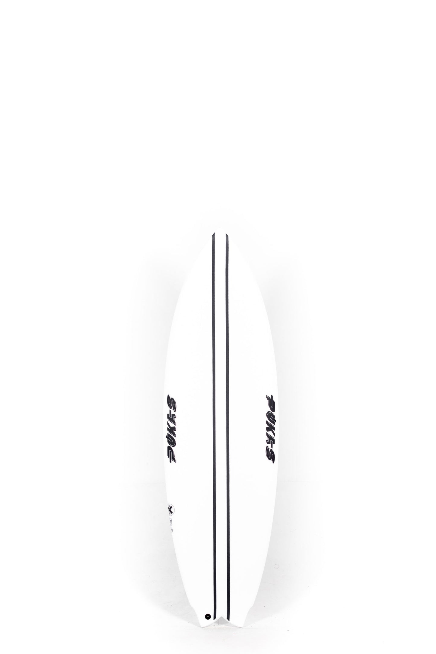 White Pukas Mustache surfboard with black carbon stripes size 5'8" at Pukas Surf Shop