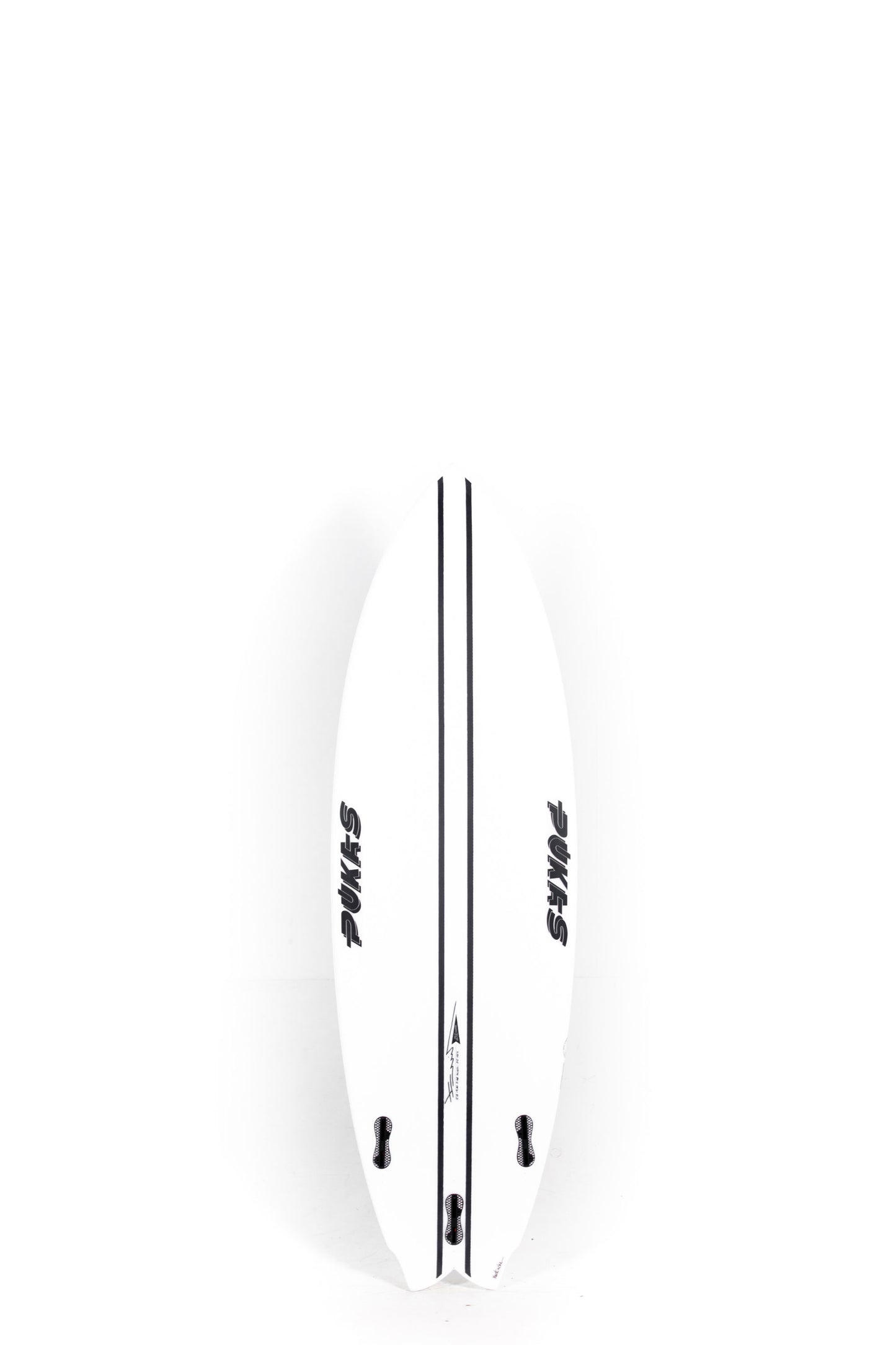 White Pukas Mustache surfboard with black carbon stripes size 5'8" at Pukas Surf Shop - 2