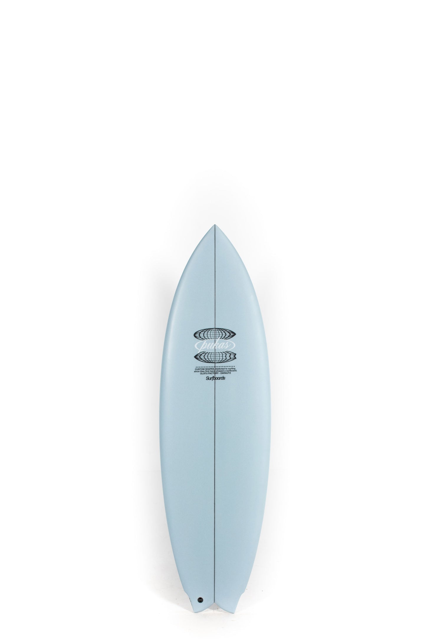 Light Blue Mustache Pukas Surfboard size 5'8" with a modern Pukas logo on a white background by Pukas Surf Shop
