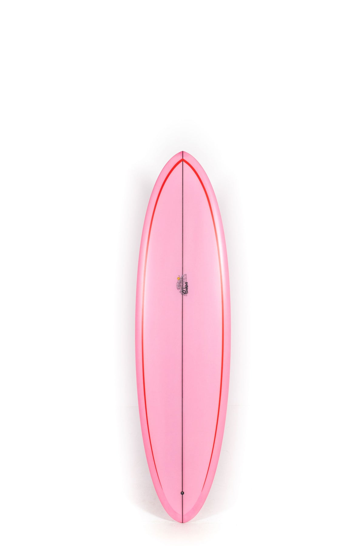 Pink and red pukas Surfboard size 6'8" on a white background by Pukas Surf Shop