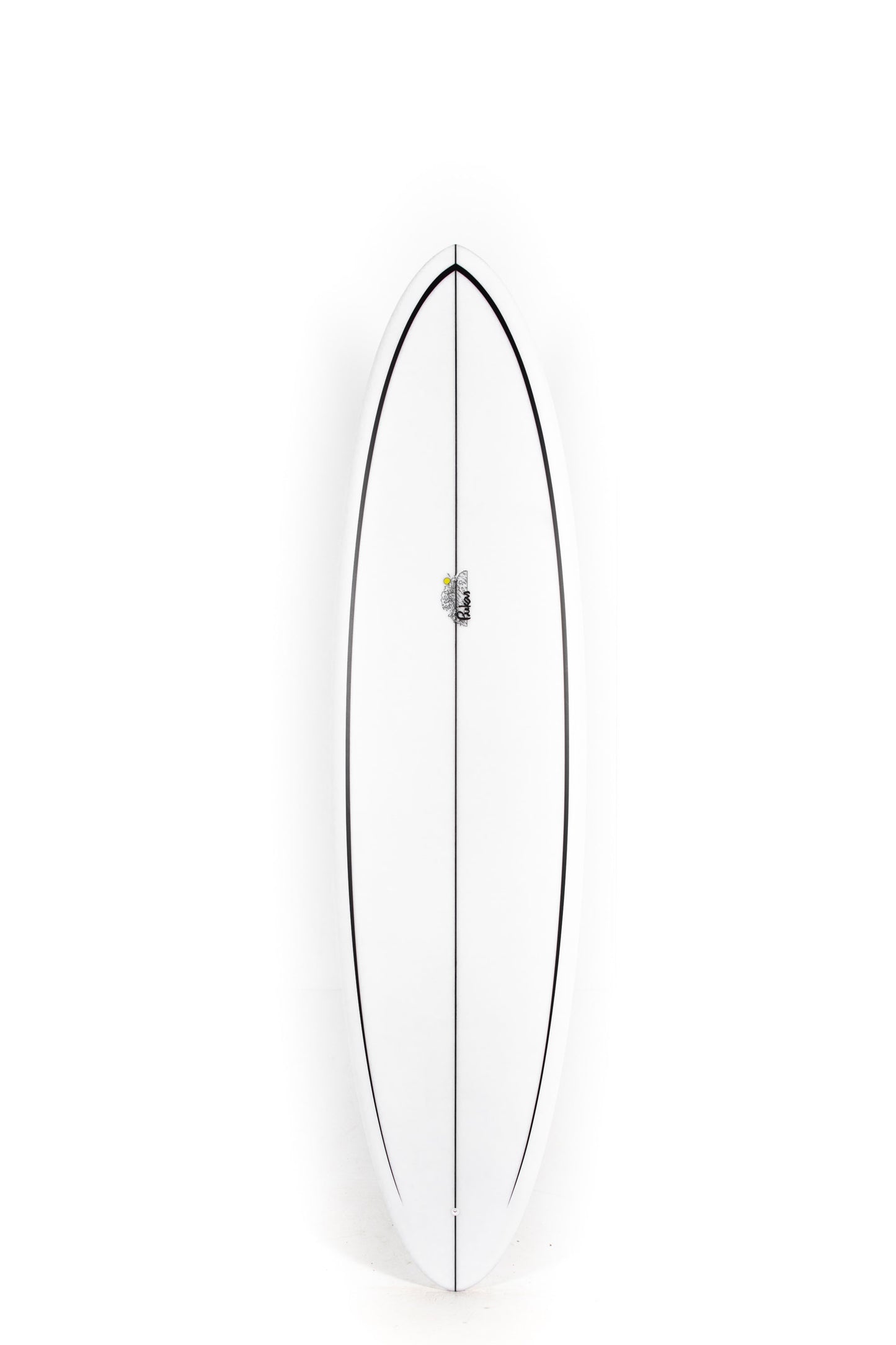 White Pukas Surfboard Lotus size 7'4" on a white background by Pukas Surf Shop