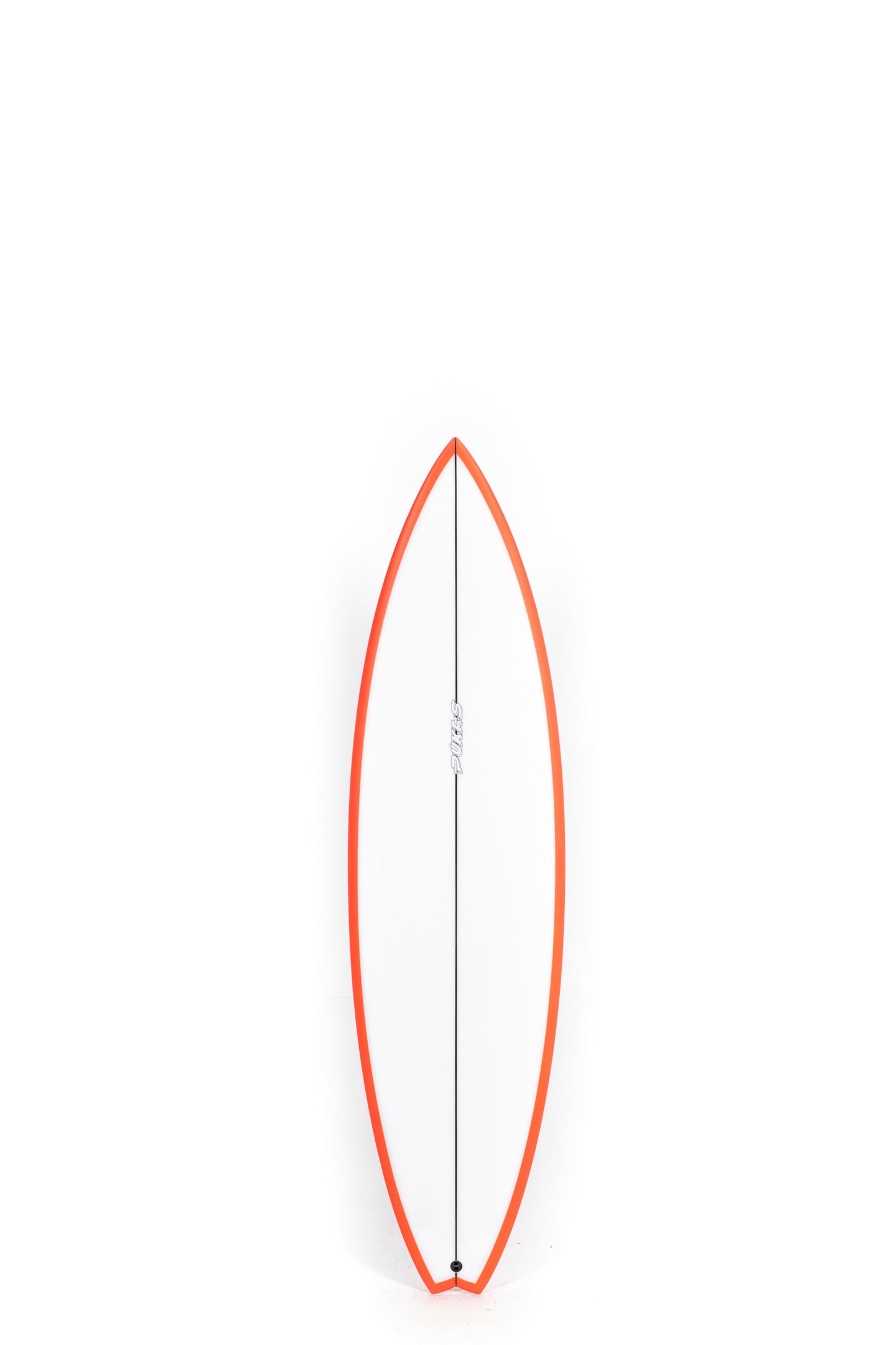 White Christenson Surfboard with orange rails on a white background by Pukas Surf Shop