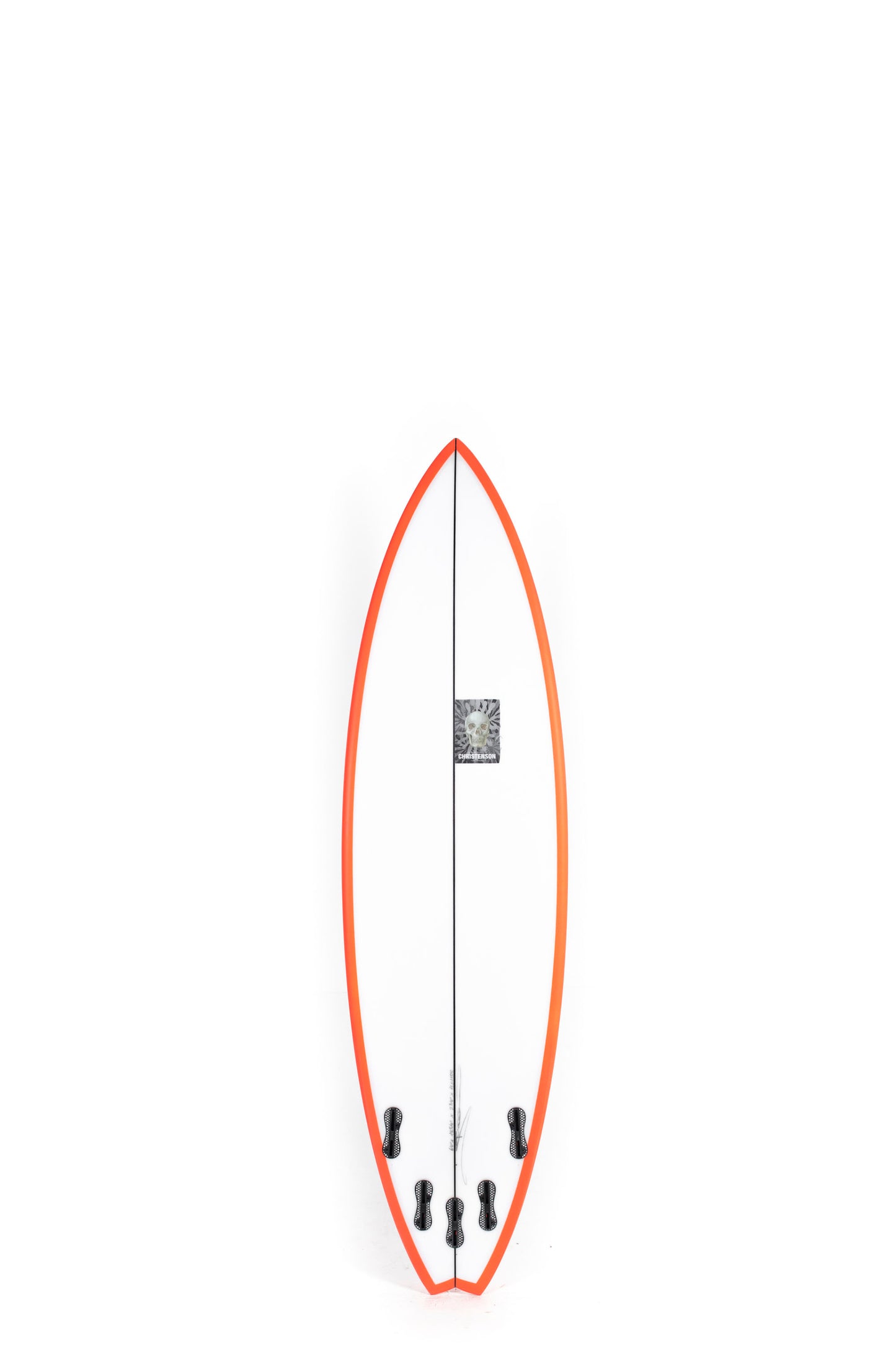 White Christenson Surfboard with orange rails on a white background by Pukas Surf Shop