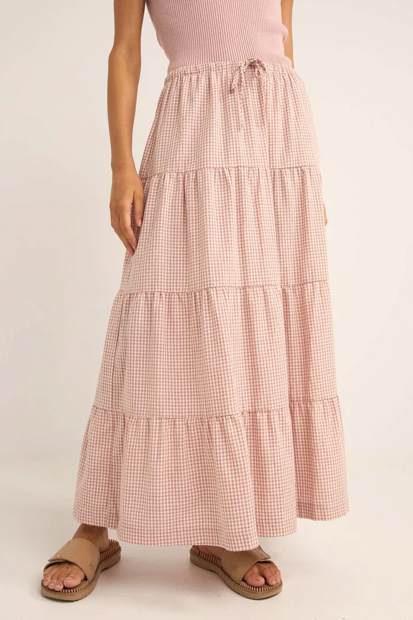 Pukas-Surf-Shop-Rhythm-lola-checked-tiered-maxi-skirt-pink