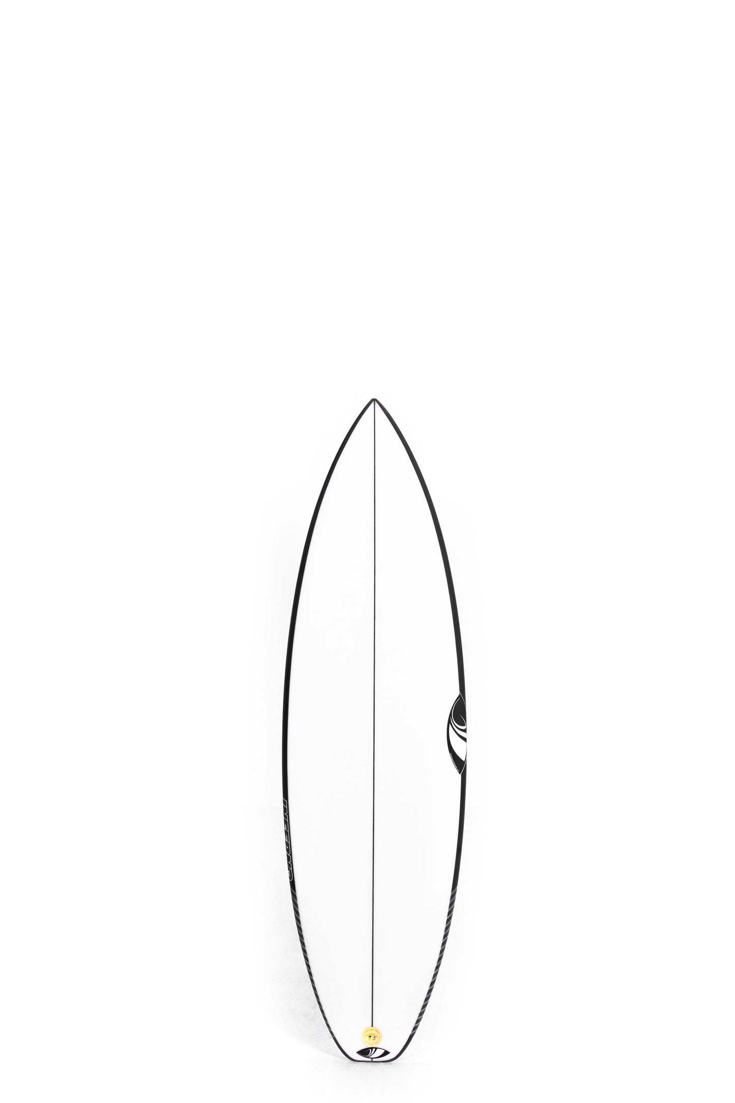 White and black Sharpeye Surfboard Inferno 72 size 5'7" on a white background by Pukas Surf Shop