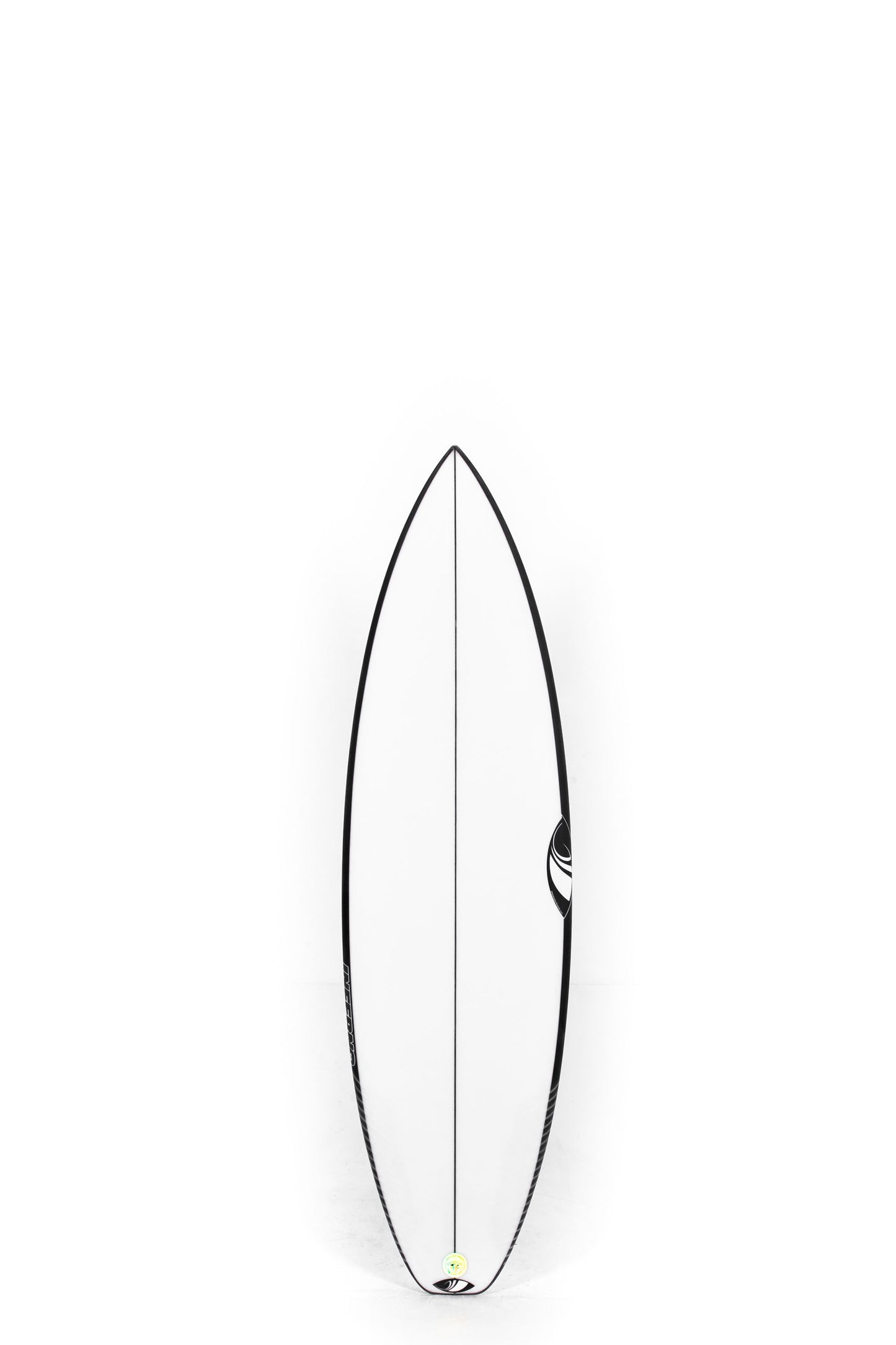 White and black Sharpeye Surfboard Inferno 72 size 5'9" on a white background by Pukas Surf Shop
