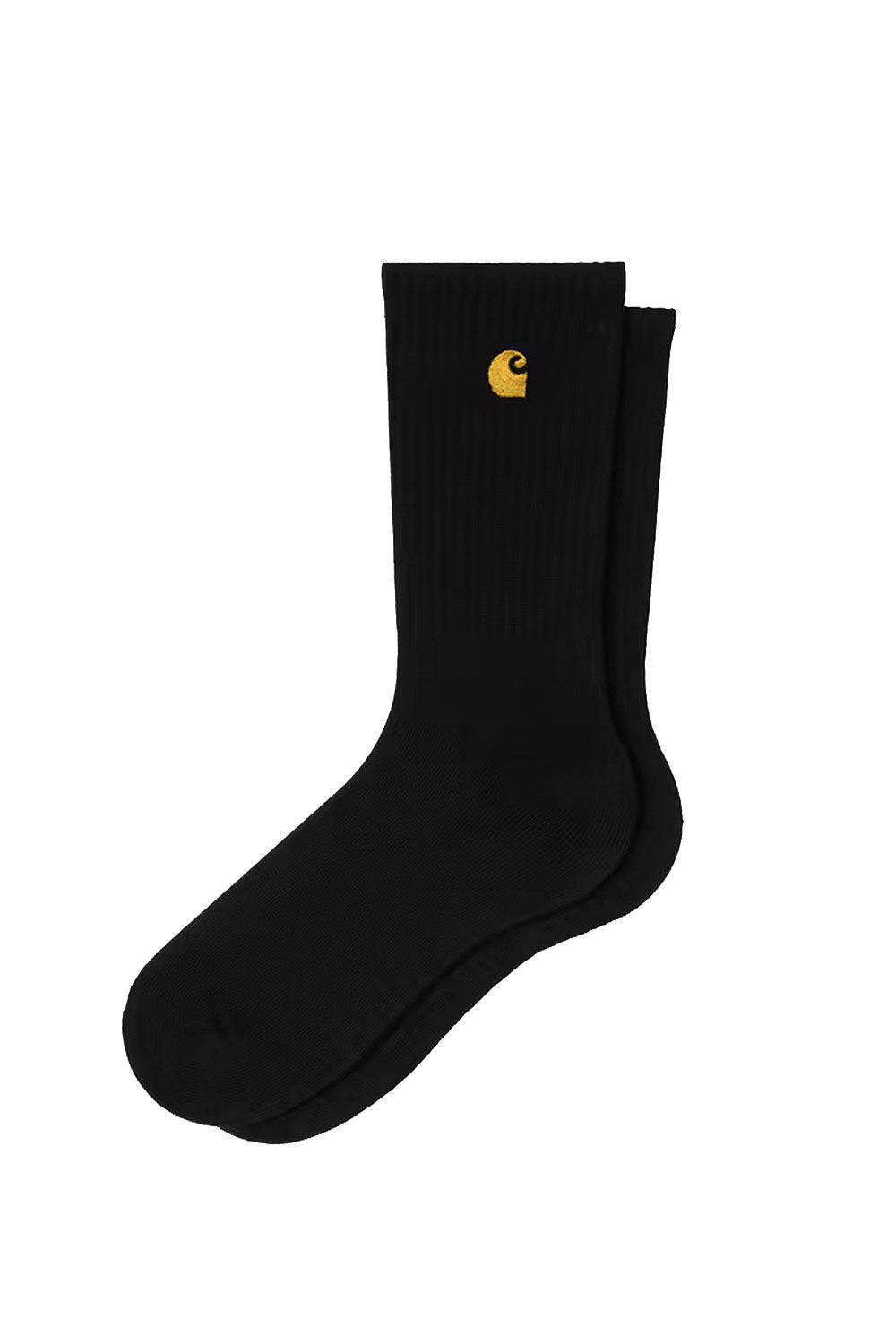 Black sock with a golden logo on a white background