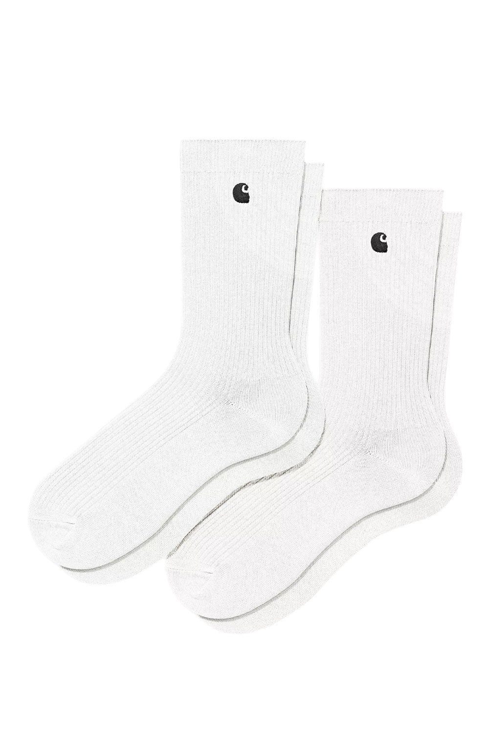 Two white socks with a black logo on a white background