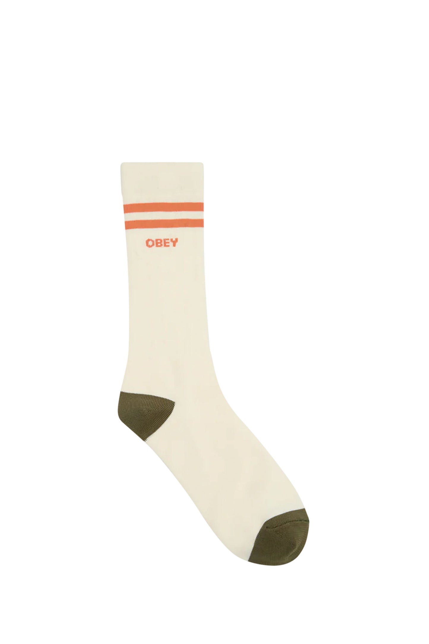 White OBEY soccer sock with orange stripe and green toe and heel on a white background