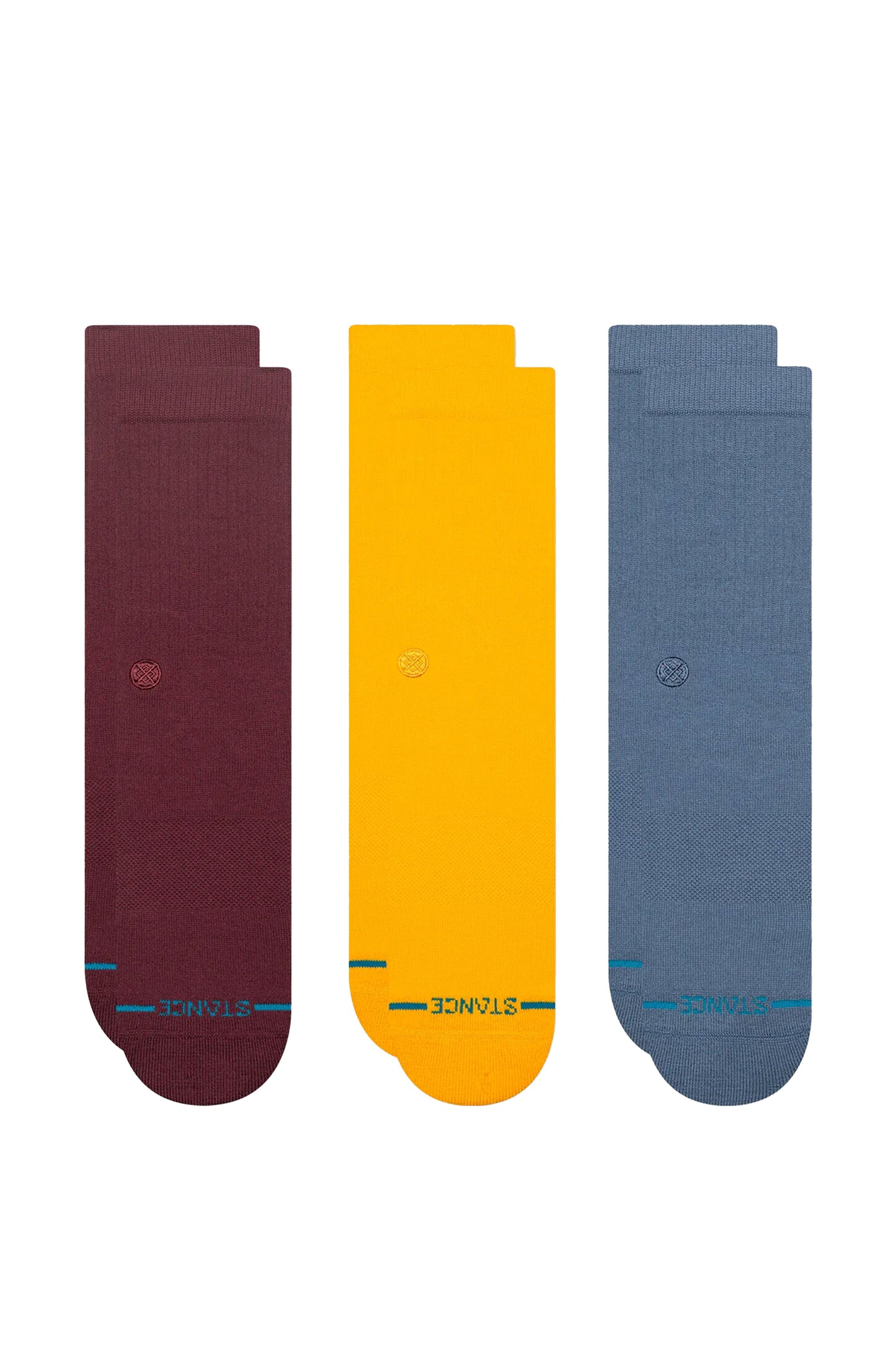 Stance Pukas Surf Shop Icon Crew Sock 3-Pack in wine yellow and blue tones comfortable everyday socks