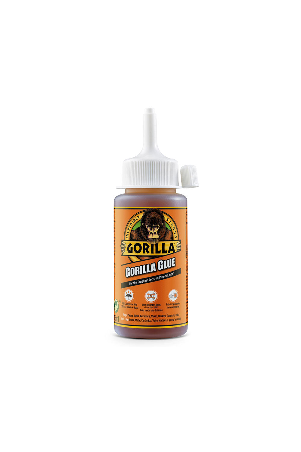 A squeeze bottle of Gorilla Glue with a white cap and a bright orange label featuring the Gorilla brand logo, set against a plain white background.