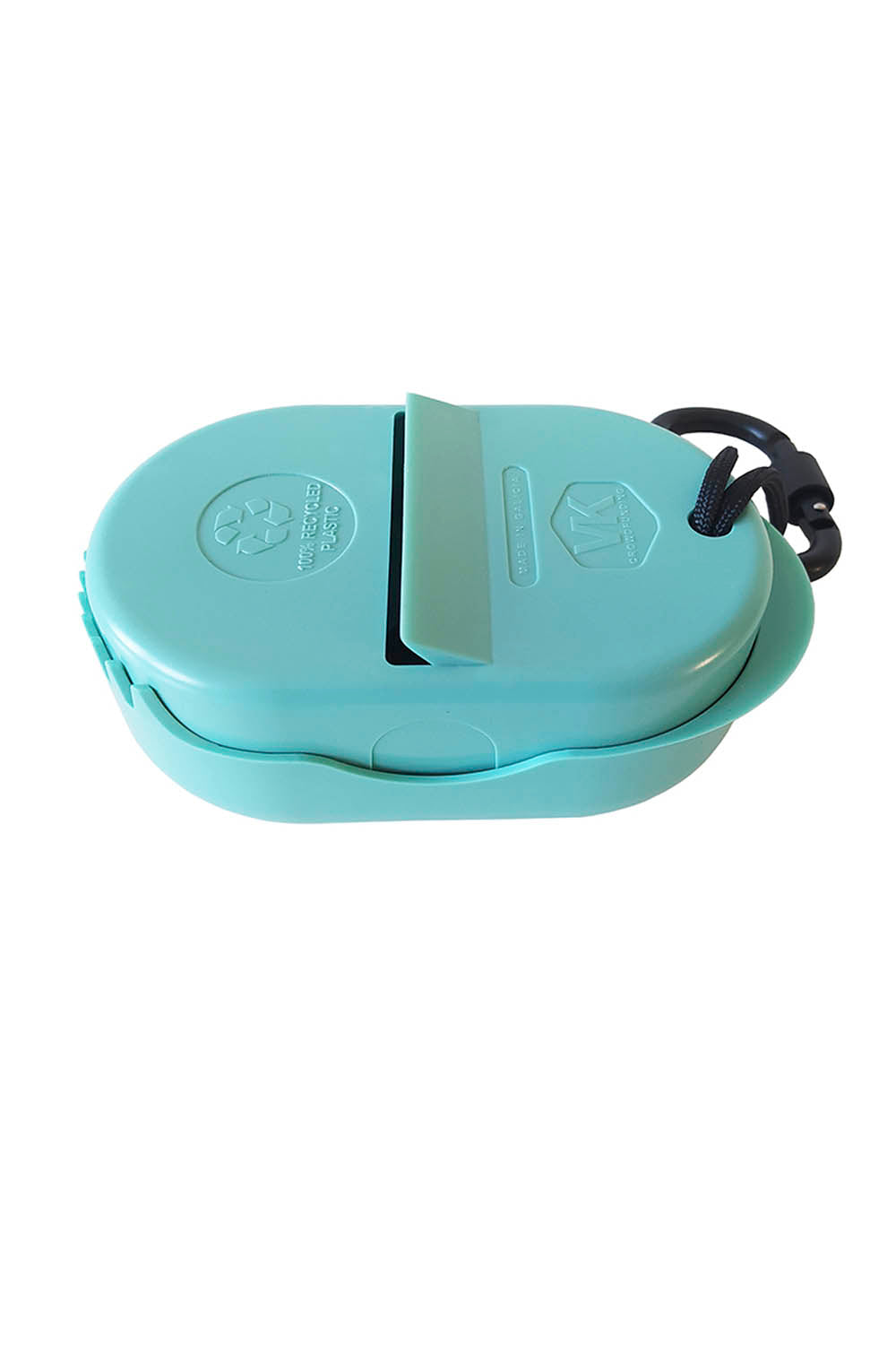 A light blue pet poop bag holder with a black strap, shown on a plain white background.