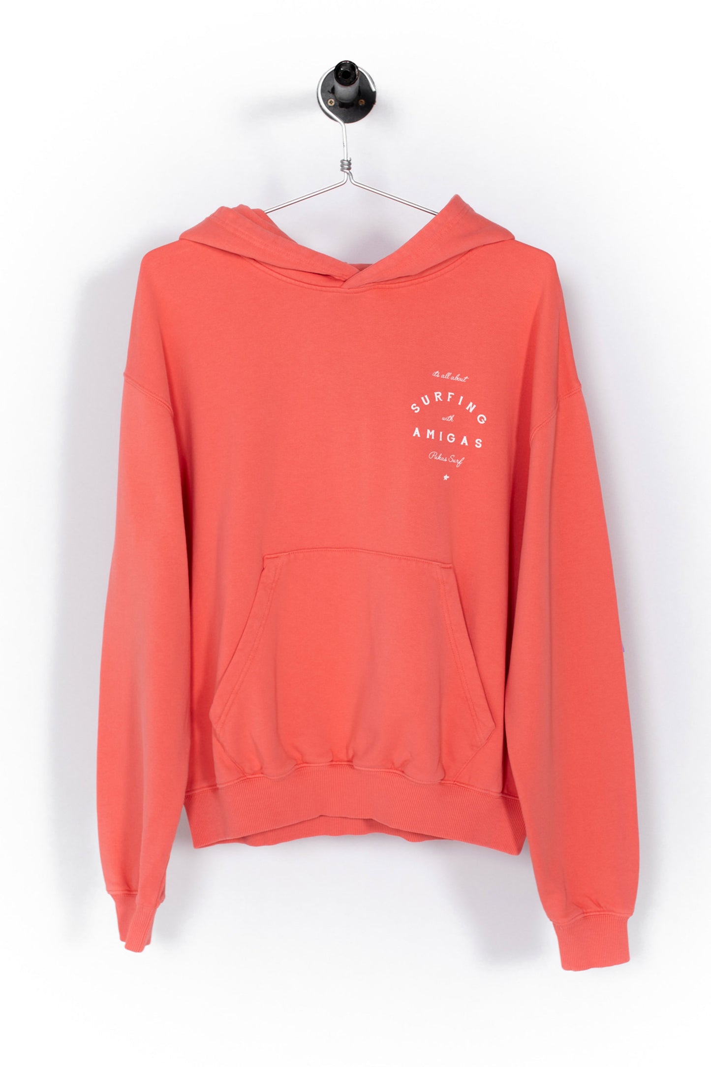 Coral hoodie with text on a white background