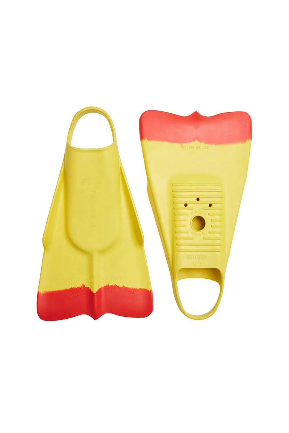 Yellow and red diving fins on a white background
