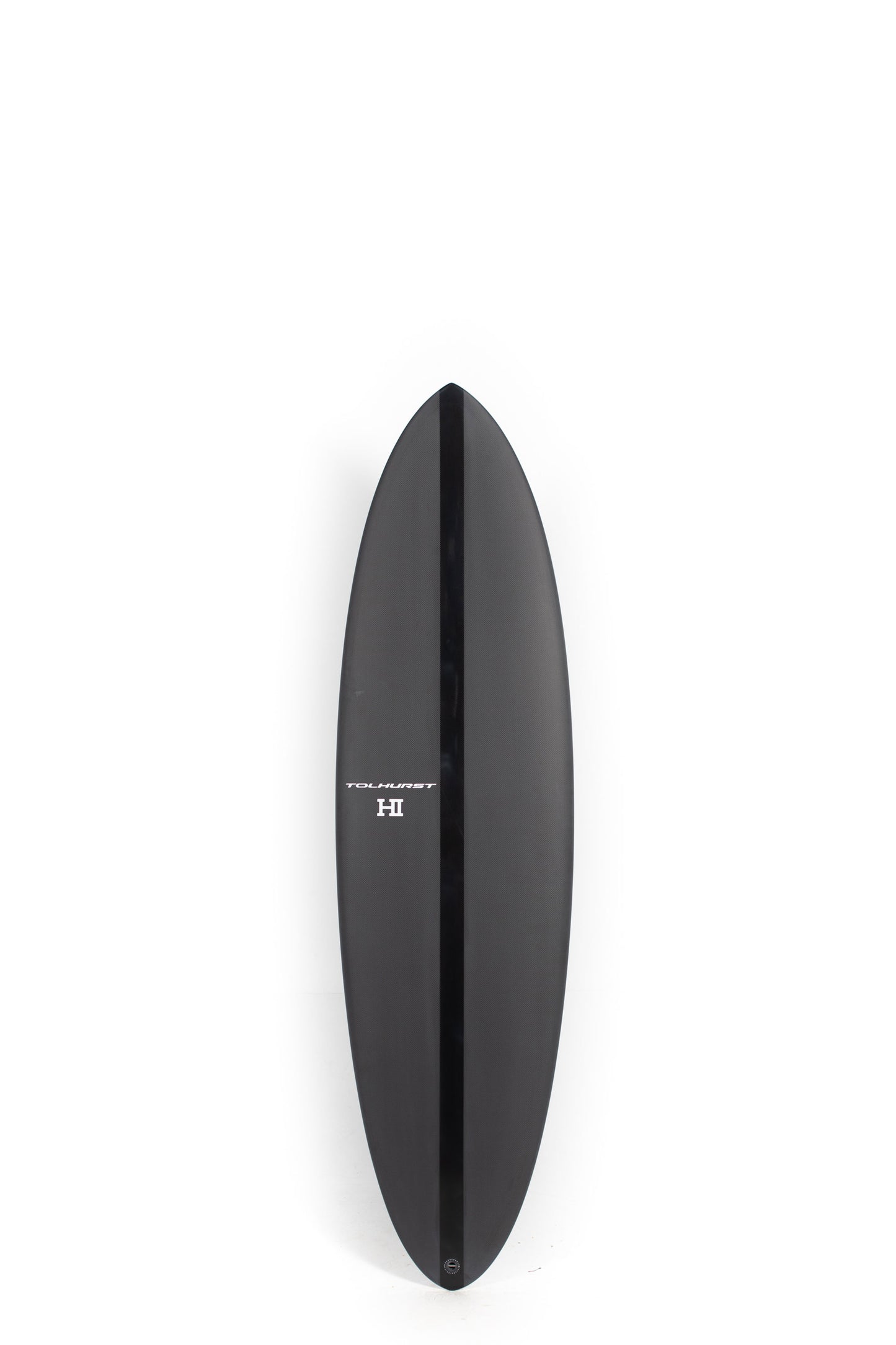 Black Thunderbolt Mid 6 Mini surfboard with a logo on a white background by Pukas Surf Shop