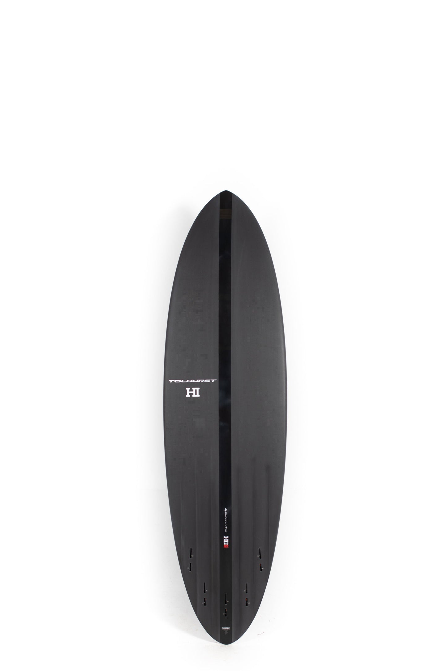 Black Thunderbolt Mid 6 Mini surfboard with a logo on a white background by Pukas Surf Shop - 2