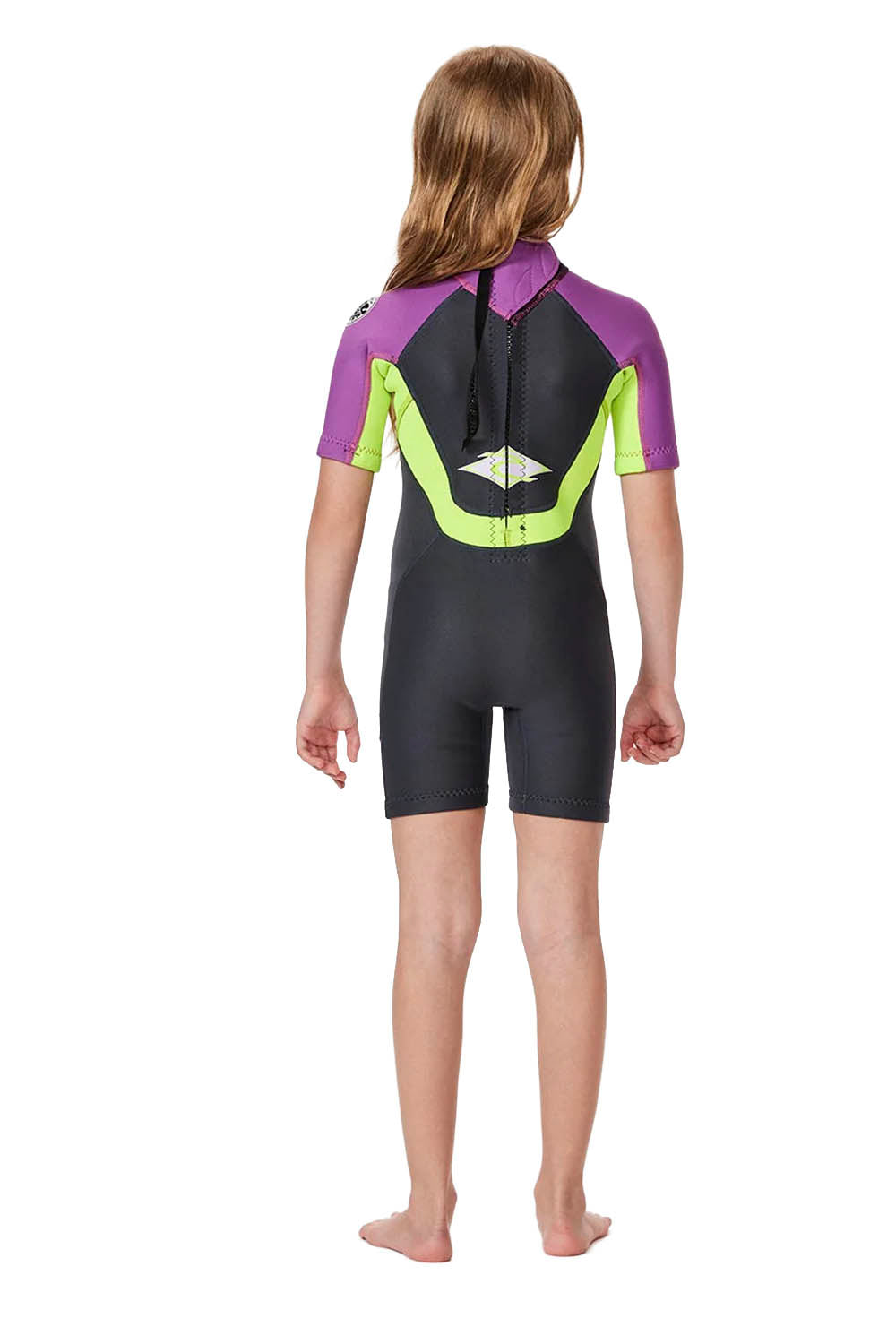 Child wearing a black and purple wetsuit with green accents on a white background
