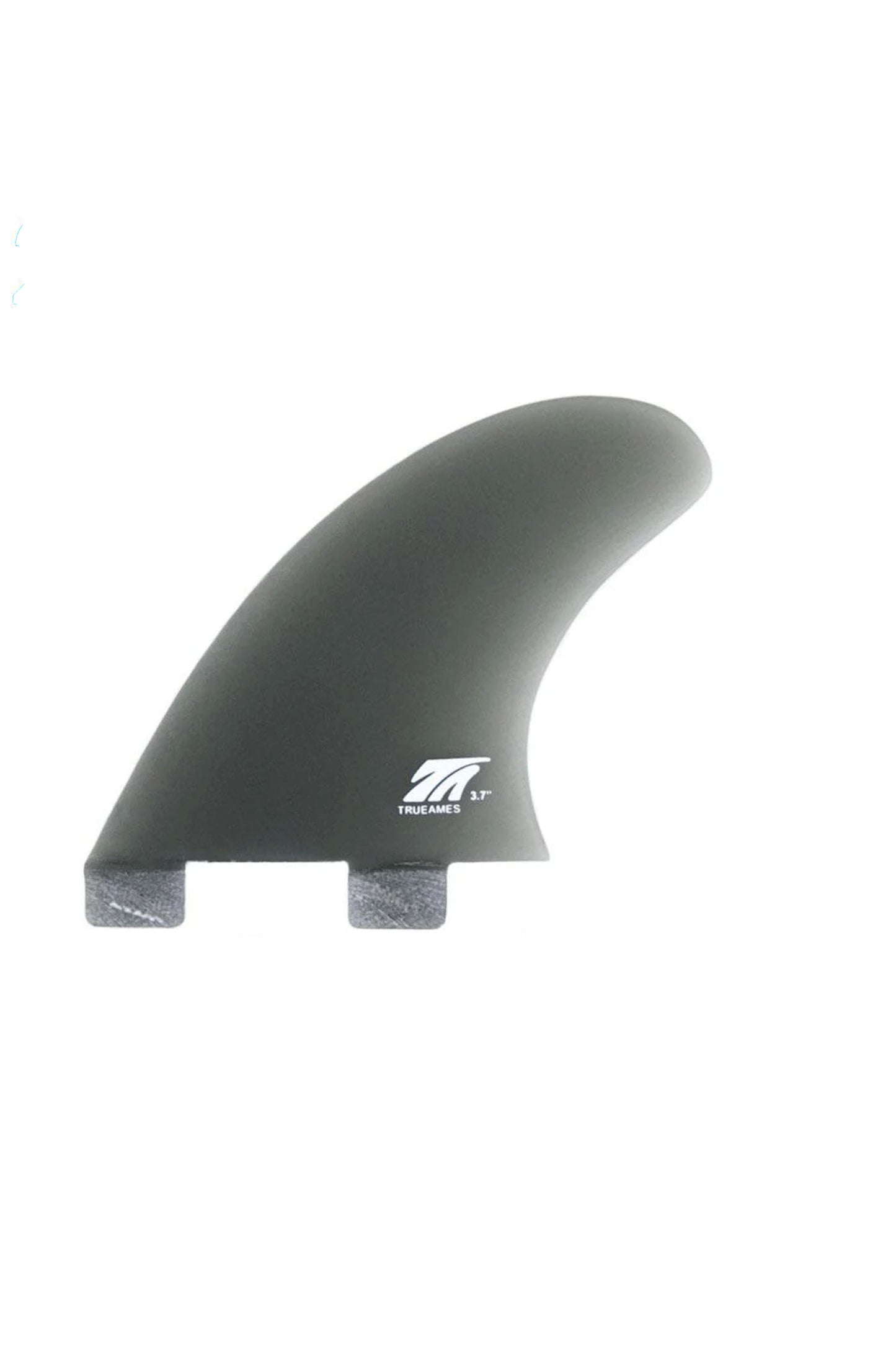 True Ames TA Side Bite 3.7 FCS compatible smoke fiberglass fins set on white background