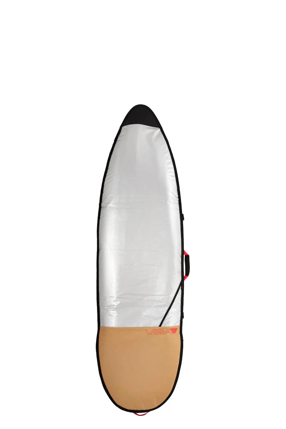 Surfboard in a beige and black cover on a white background