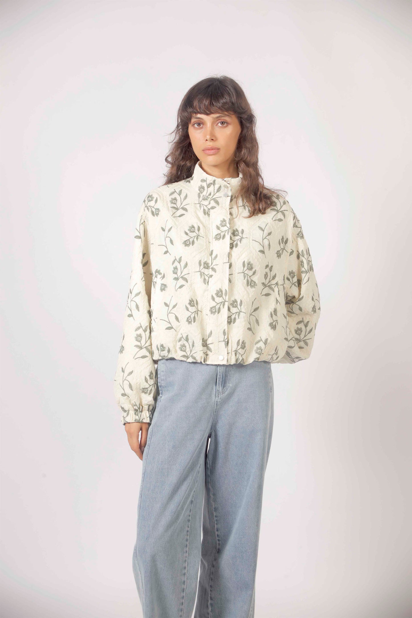 THE KORNER Embroidered Flowers Jacket in Aqua - Women's lightweight jacket with floral embroidery
