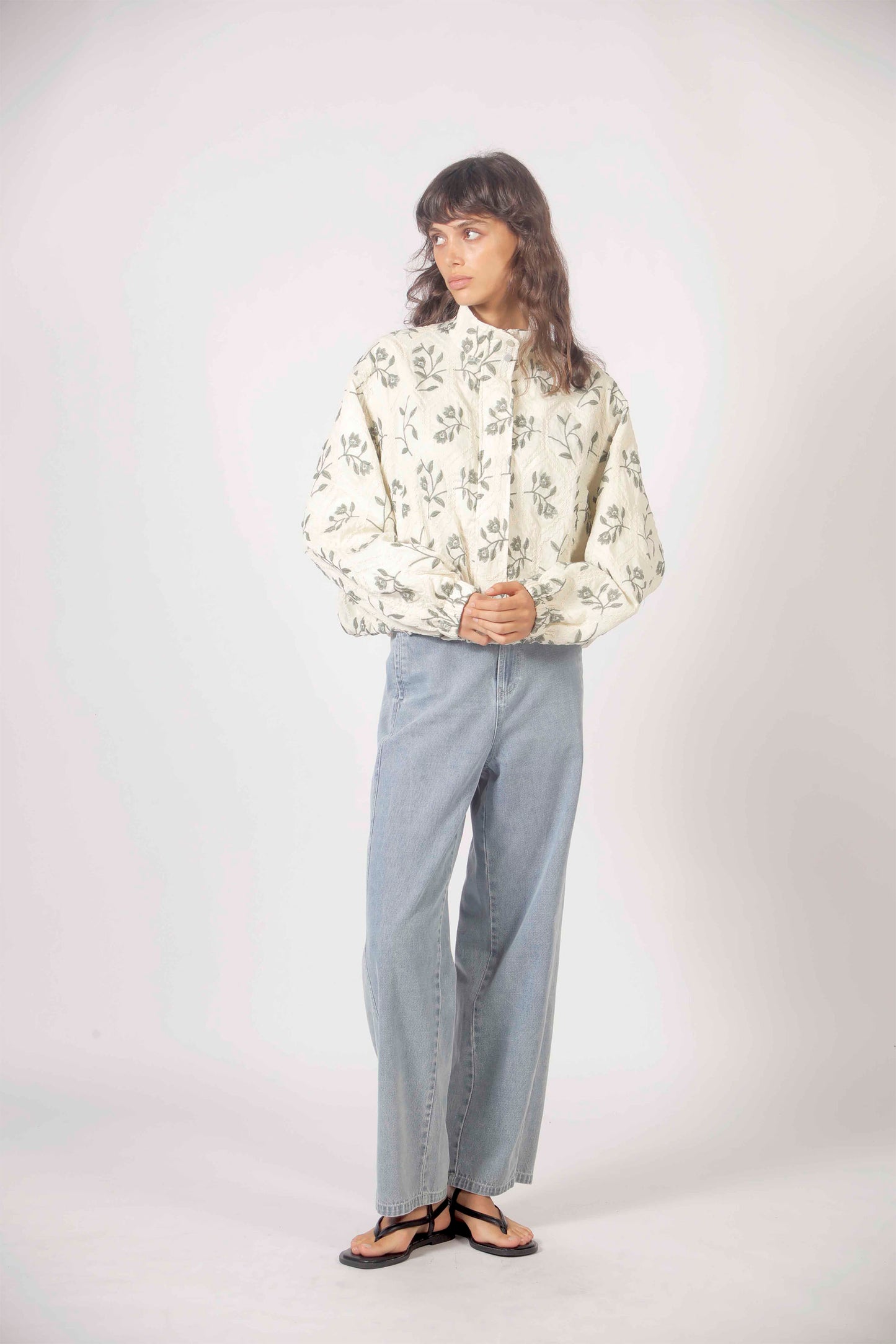 THE KORNER Embroidered Flowers Jacket in Aqua - Women's lightweight jacket with floral embroidery
