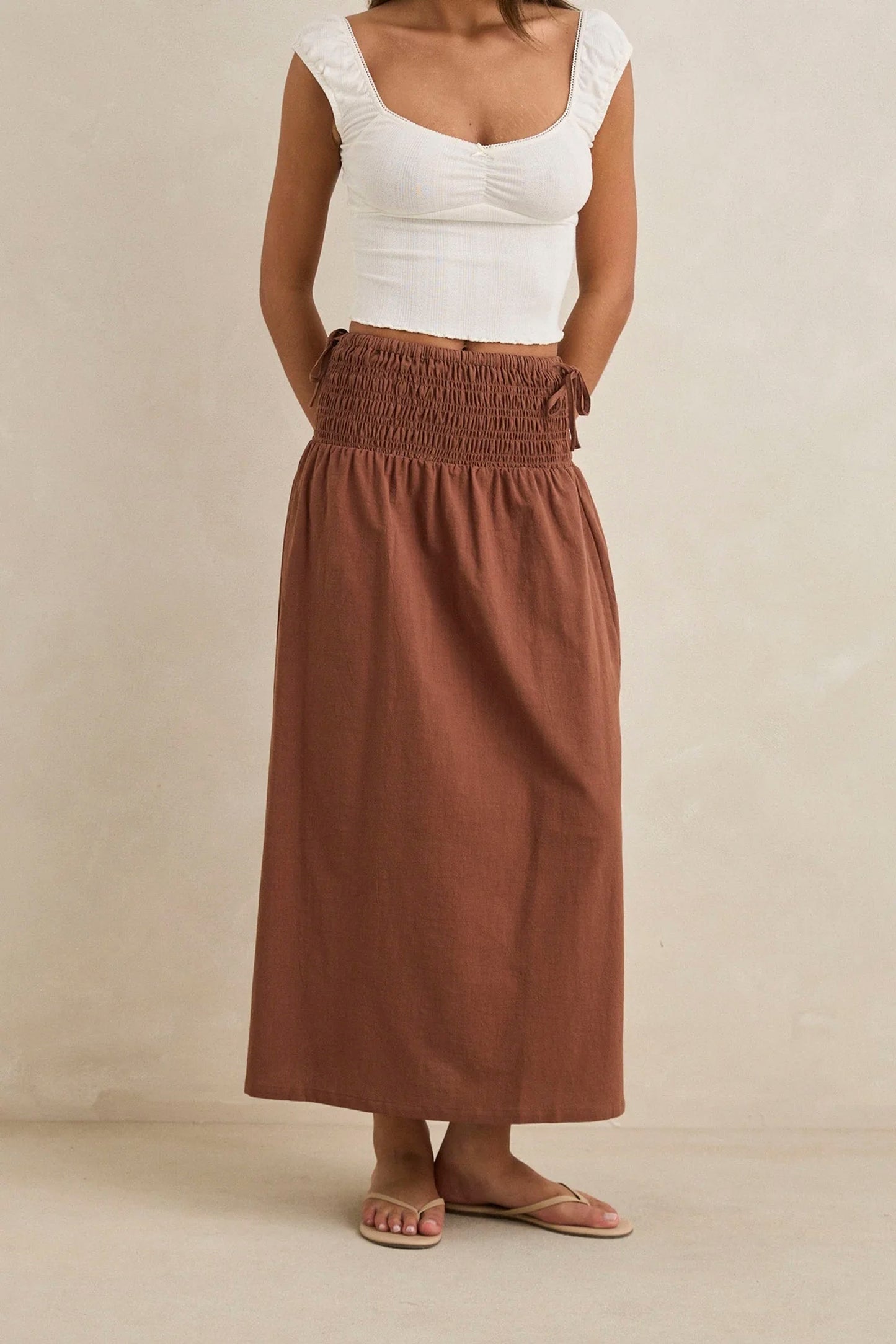 RHYTHM chocolate tie-side maxi skirt - women's coastal lifestyle clothing at Pukas Surf Shop
