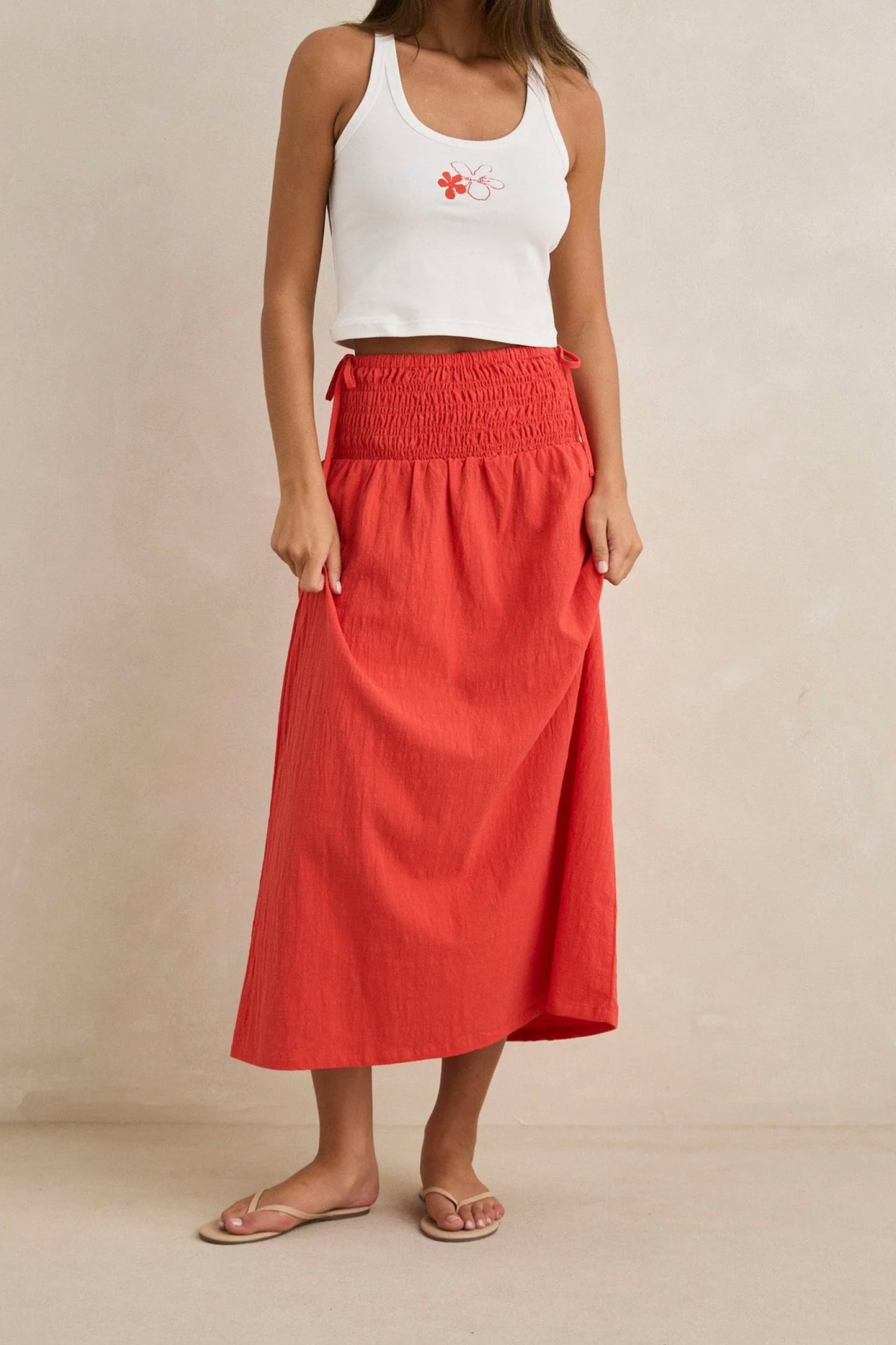 RHYTHM red tie-side maxi skirt - women's coastal lifestyle clothing at Pukas Surf Shop
