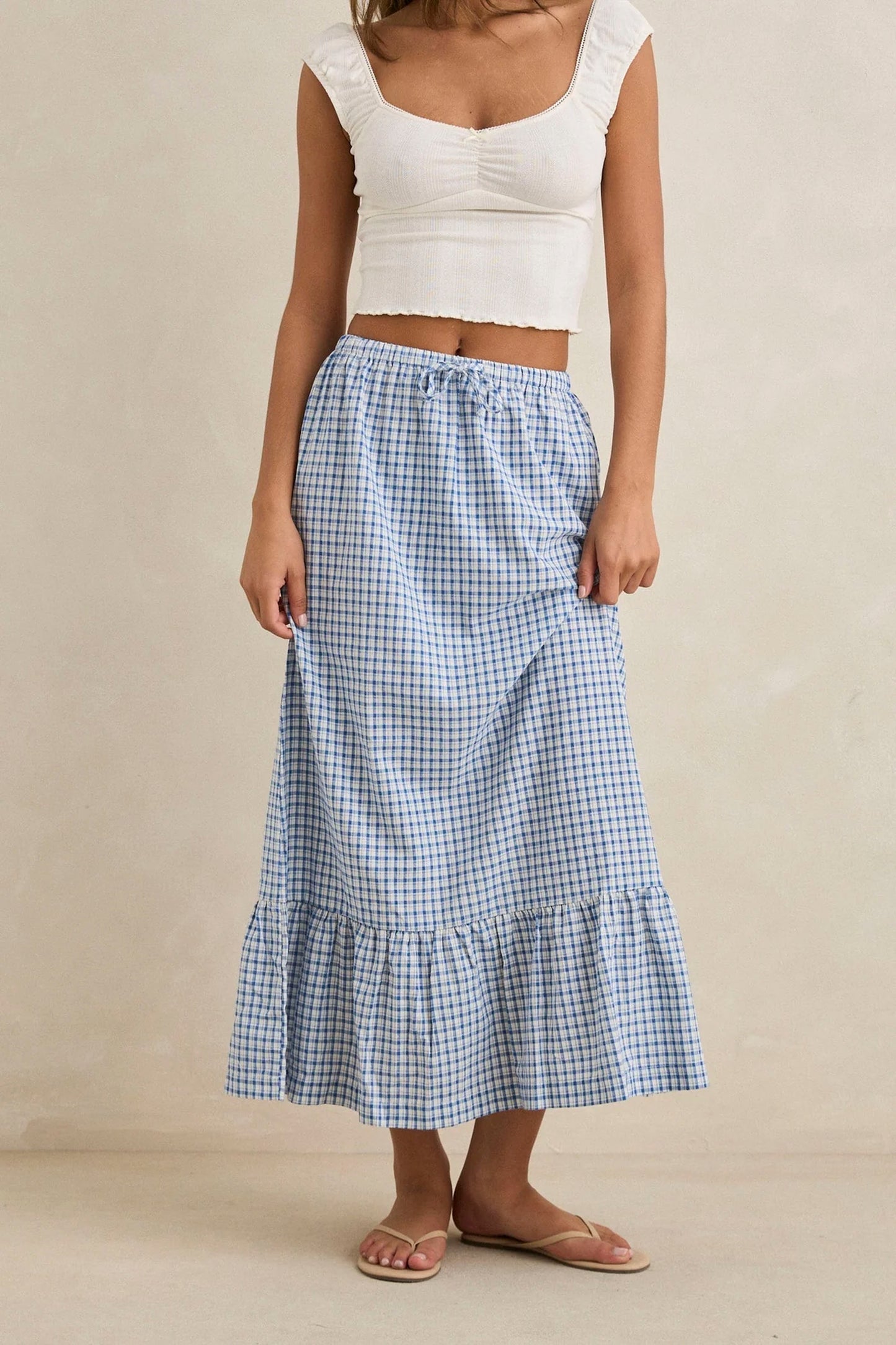 RHYTHM blue check tiered maxi skirt - women's coastal lifestyle clothing at Pukas Surf Shop
