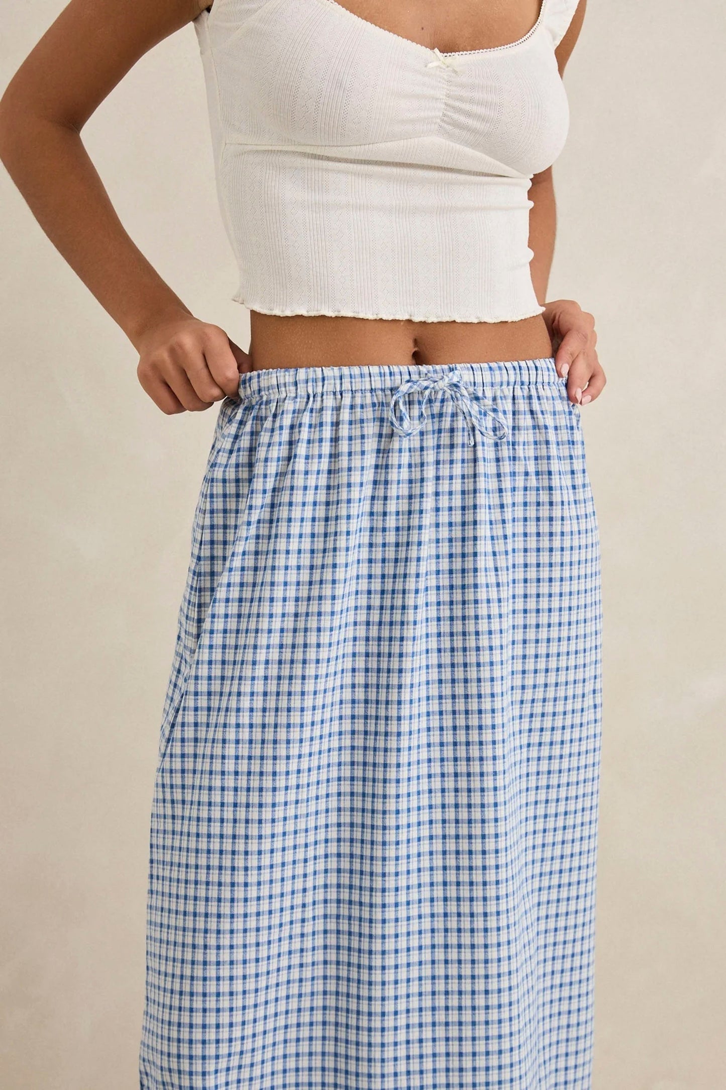 RHYTHM blue check tiered maxi skirt - women's coastal lifestyle clothing at Pukas Surf Shop
