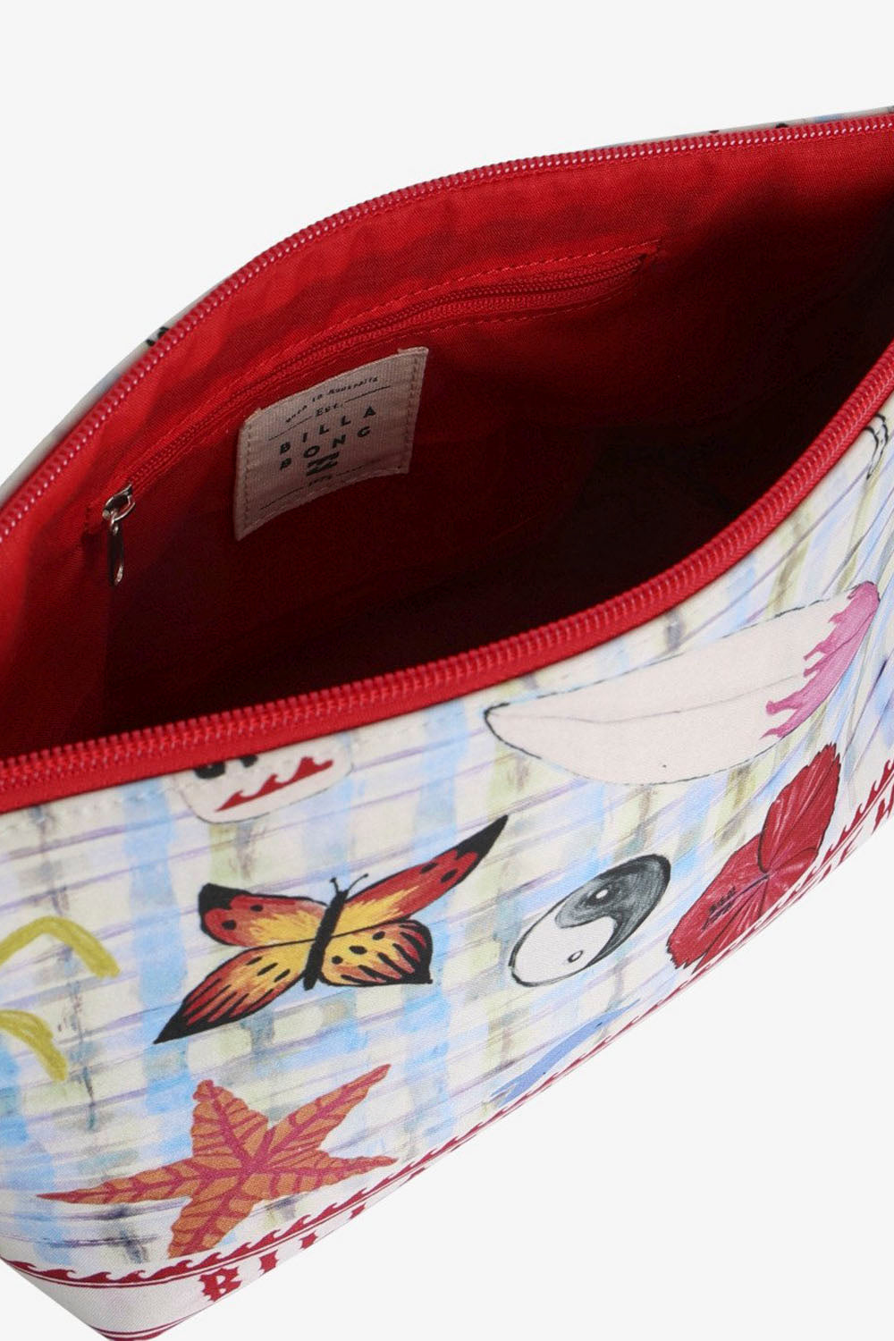 Close-up of a colorful bag with butterfly design on a white background