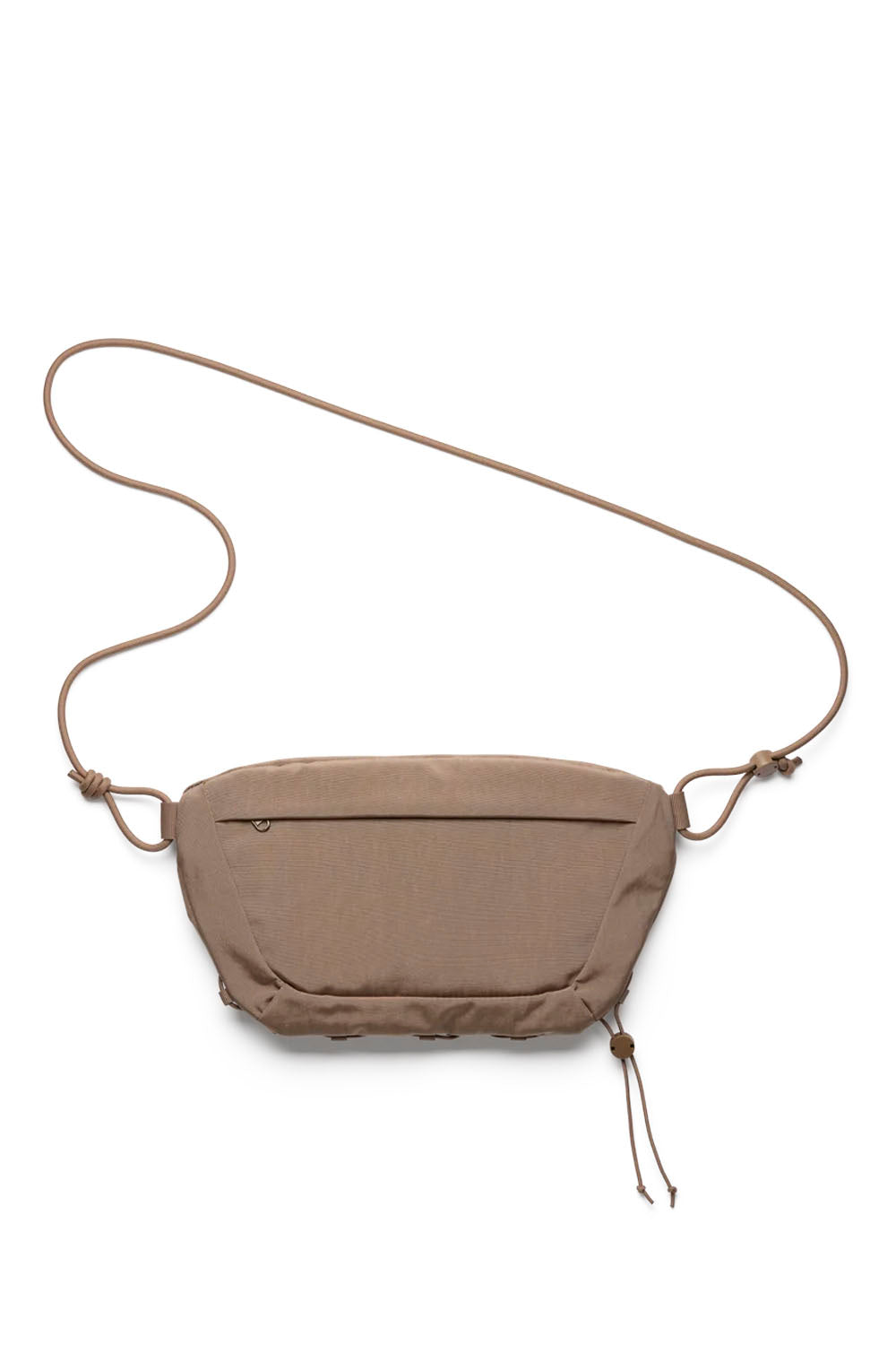 A taupe brown nylon waist bag with a matching adjustable rope strap, shown flat on a white background.