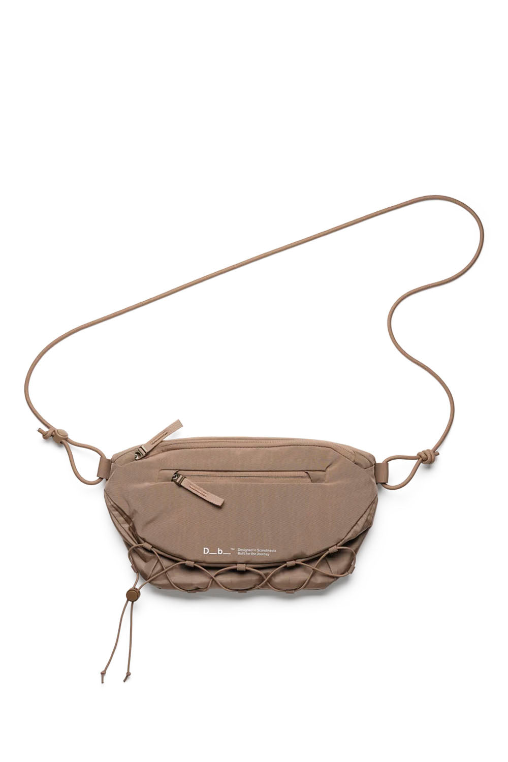 A taupe brown nylon waist bag with a long adjustable strap, a front zippered pocket, and a knotted drawstring detail at the bottom, shown on a plain white background.