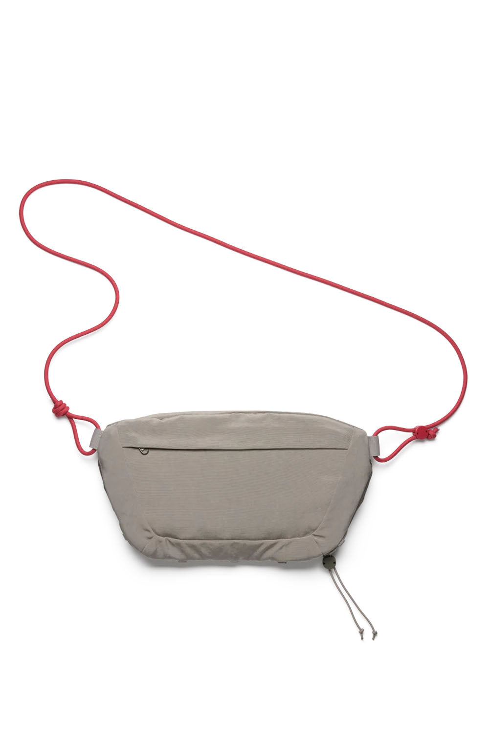 A light gray fabric waist bag with a bright red adjustable rope strap, shown against a plain white background.