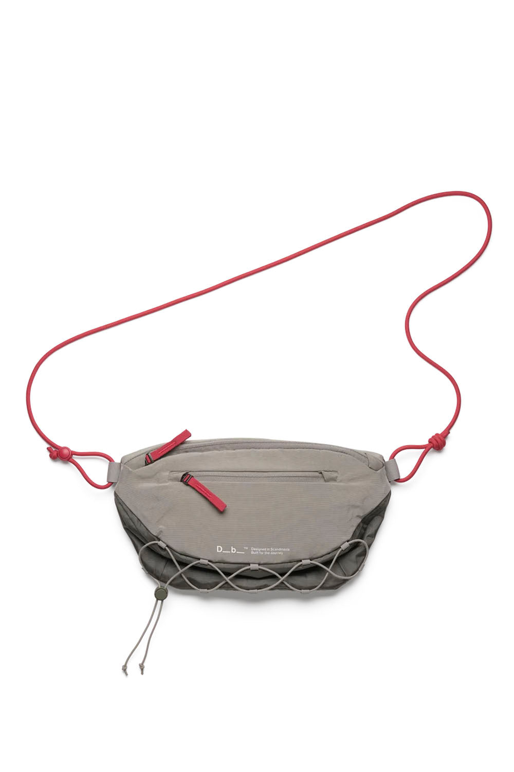 A gray and black crossbody bag with a bright red cord strap and matching red zipper pulls, displayed on a clean white background.