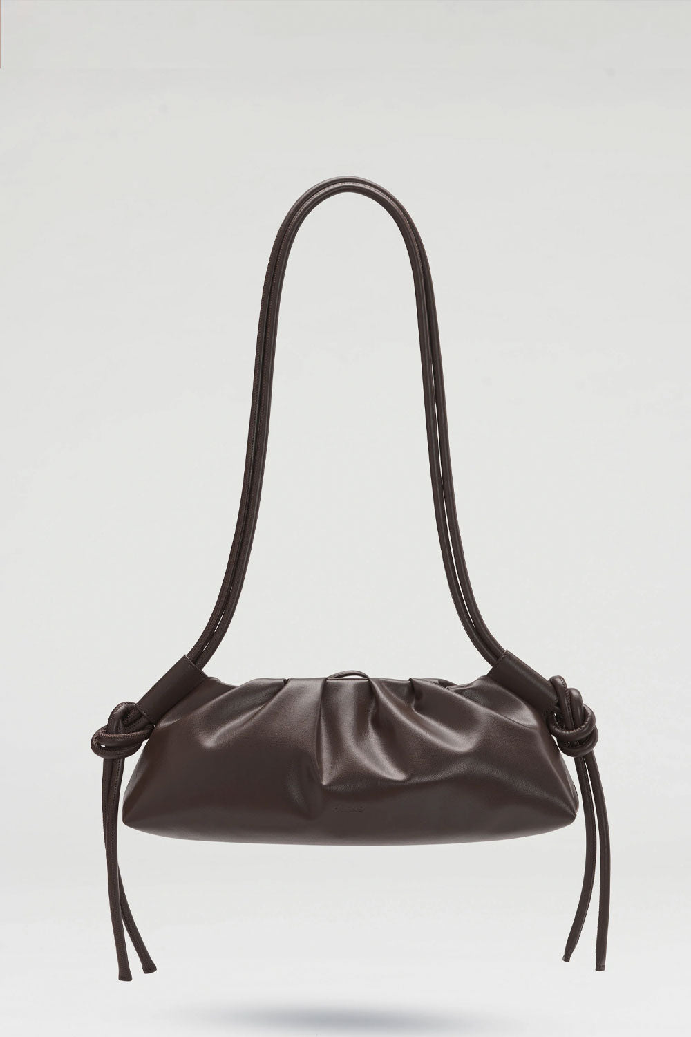 ÖLEND Dumpling Bag in Dark Chocolate vegan leather with gathered detailing and adjustable knotted handles